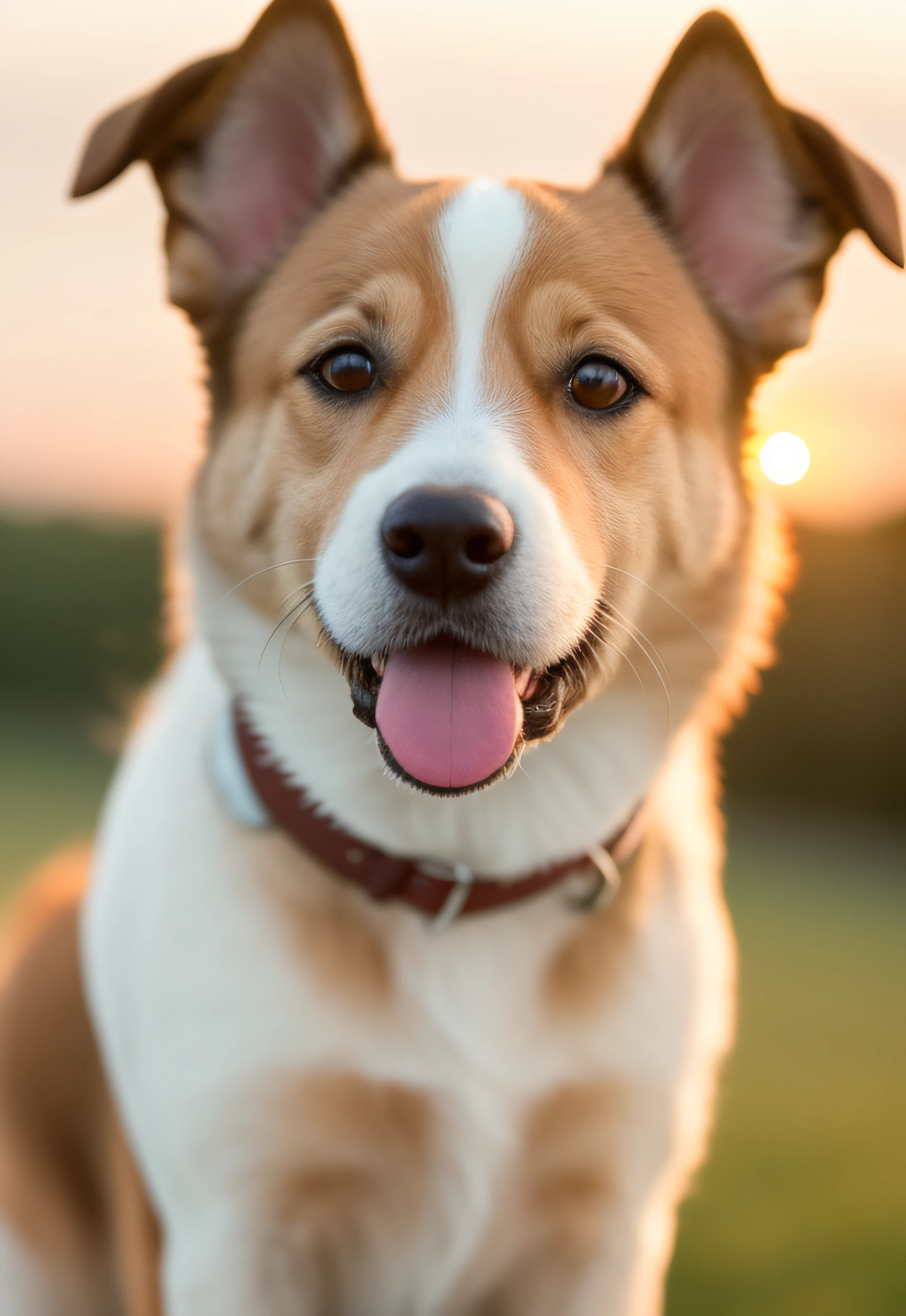 Close-up photo of a happy dog's face, sunset, 80mm, f/1.8, dof, bokeh, depth of field, subsurface scattering, stippling