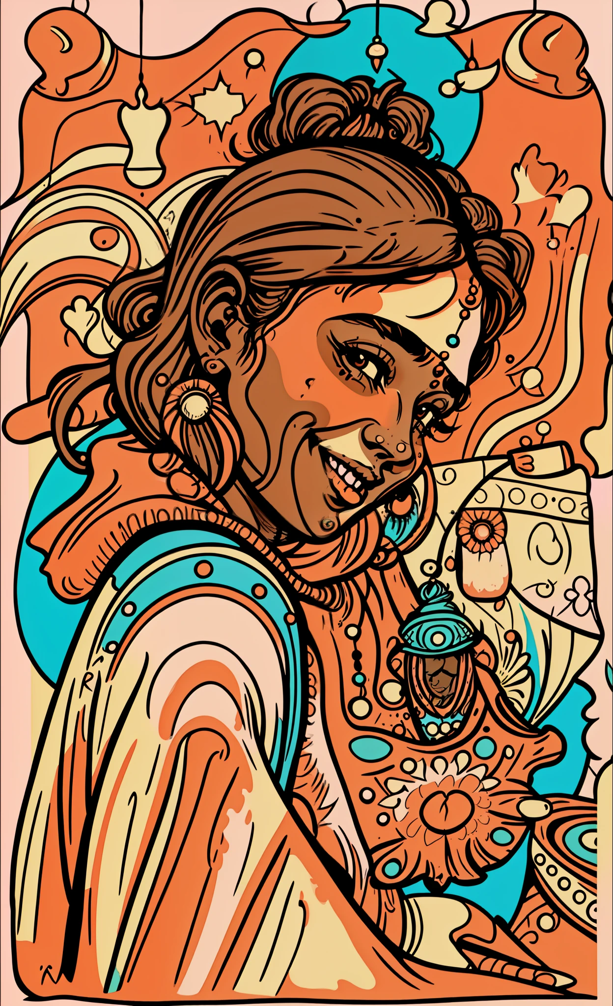 there is a woman in a red poncho, a colorized photo by T. K. Padmini, tumblr, hurufiyya, with lovely look, around 1 9 years old, indian girl with brown skin, profile pic, innocent smile painting of a woman, vibrant and bold pop art with high contrast colors, dynamic composition, and exaggerated details