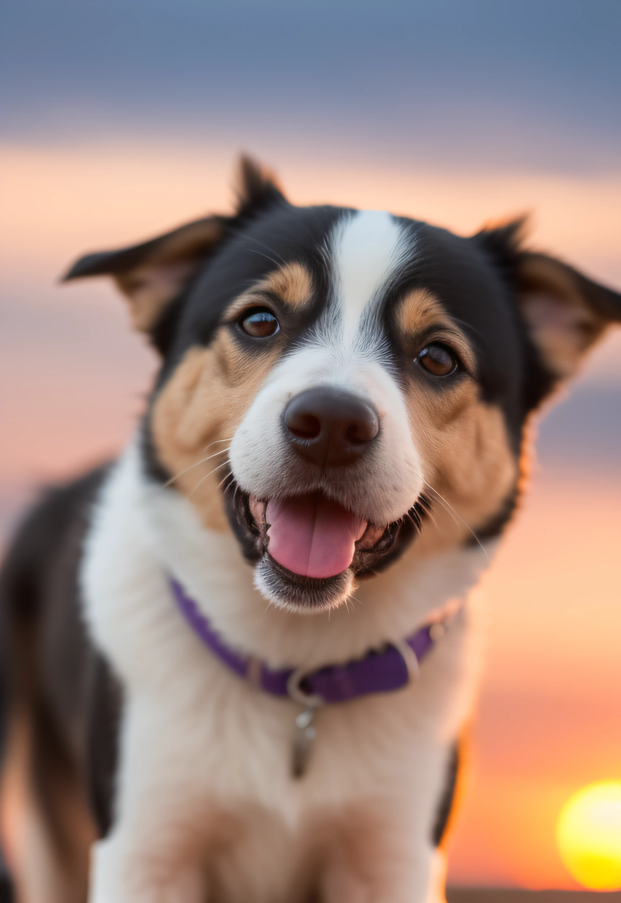 Close-up photo of a happy dog's face, sunset, 80mm, f/1.8, dof, bokeh, depth of field, subsurface scattering, stippling