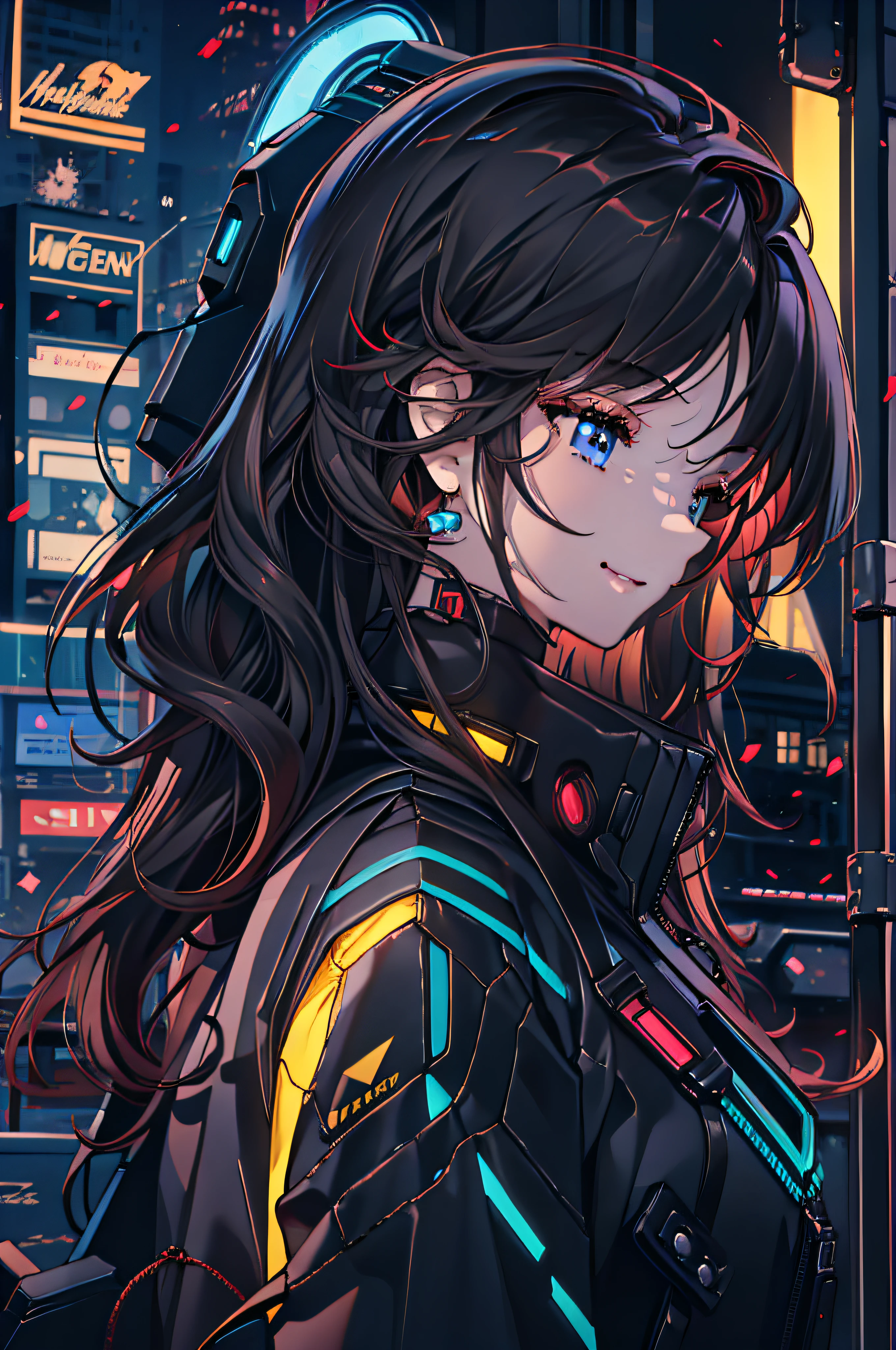 (best quality, masterpiece1.2), 1girl, beautiful girl, complex detail, depth of field, city, cyberpunk, neon, neon lights, sci-fi, night, moon, two-tone lighting, ray tracing, HDR, smile, badass, city, crop top, light brunette, middle parted. wavy hair, breasts, secret agent, FBI agent, mission imposible, cybernetics