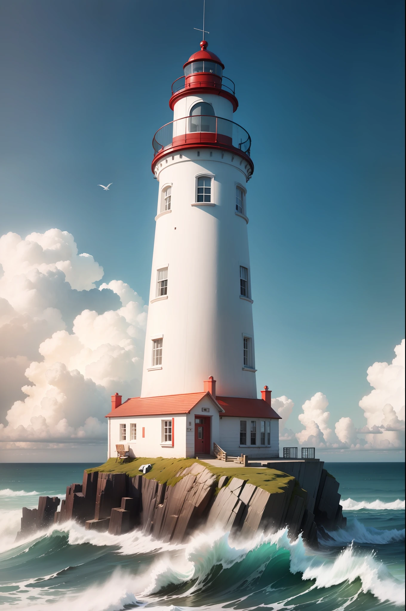 White towering lighthouse,red striped,Standing by the sea,ultra real detailed,A high resolution