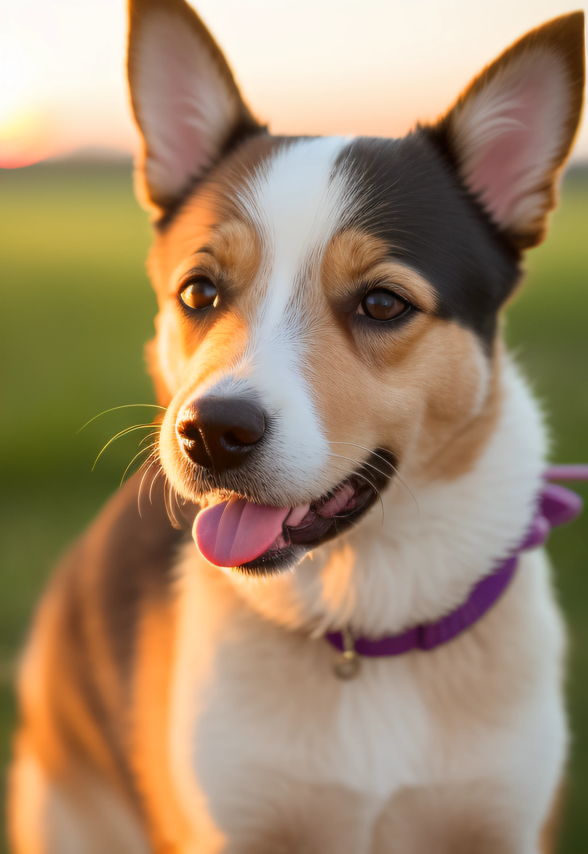 Close-up photo of a happy dog's face, sunset, 80mm, f/1.8, dof, bokeh, depth of field, subsurface scattering, stippling