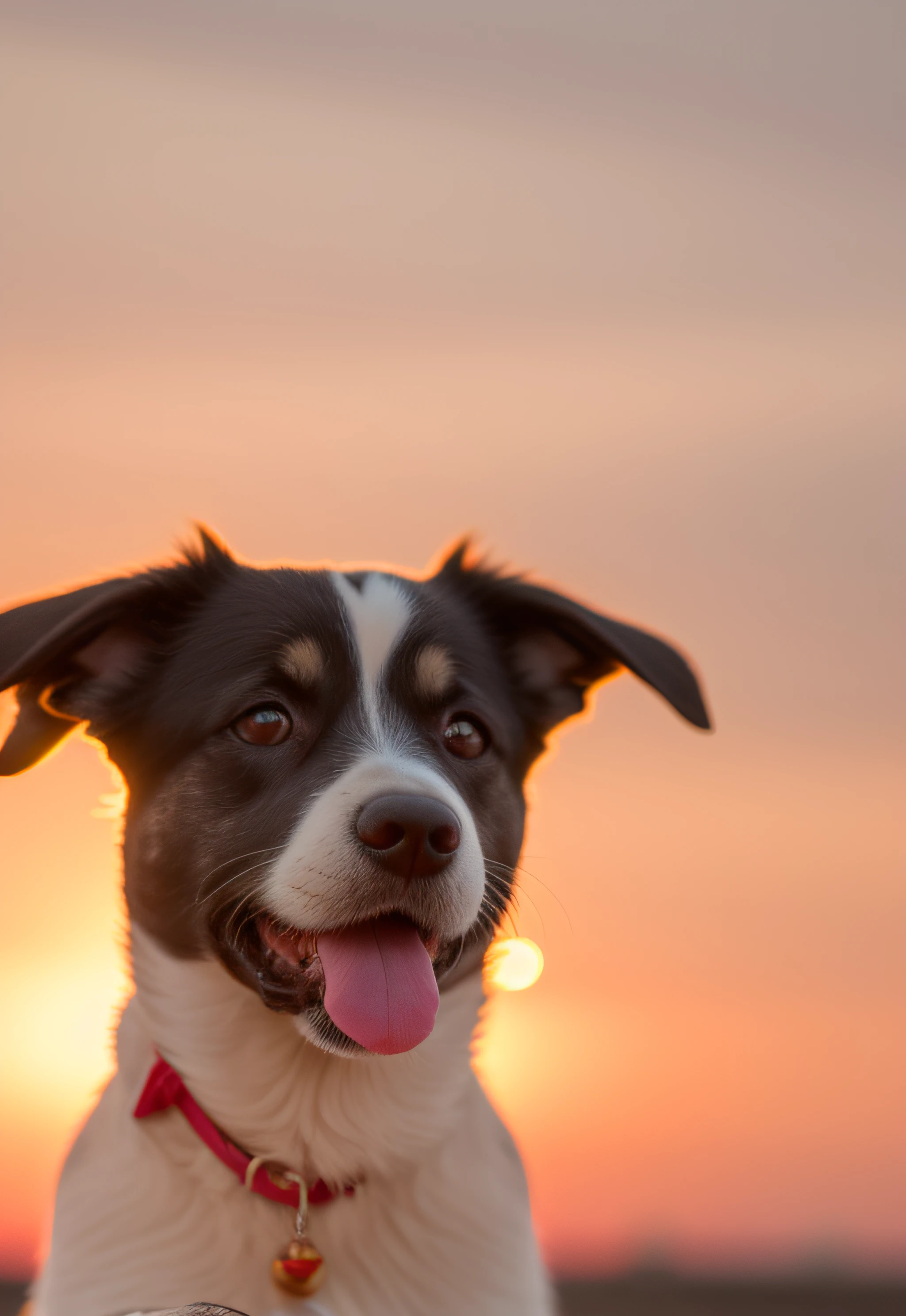 Close-up photo of a happy dog's face, sunset, 80mm, f/1.8, dof, bokeh, depth of field, subsurface scattering, stippling