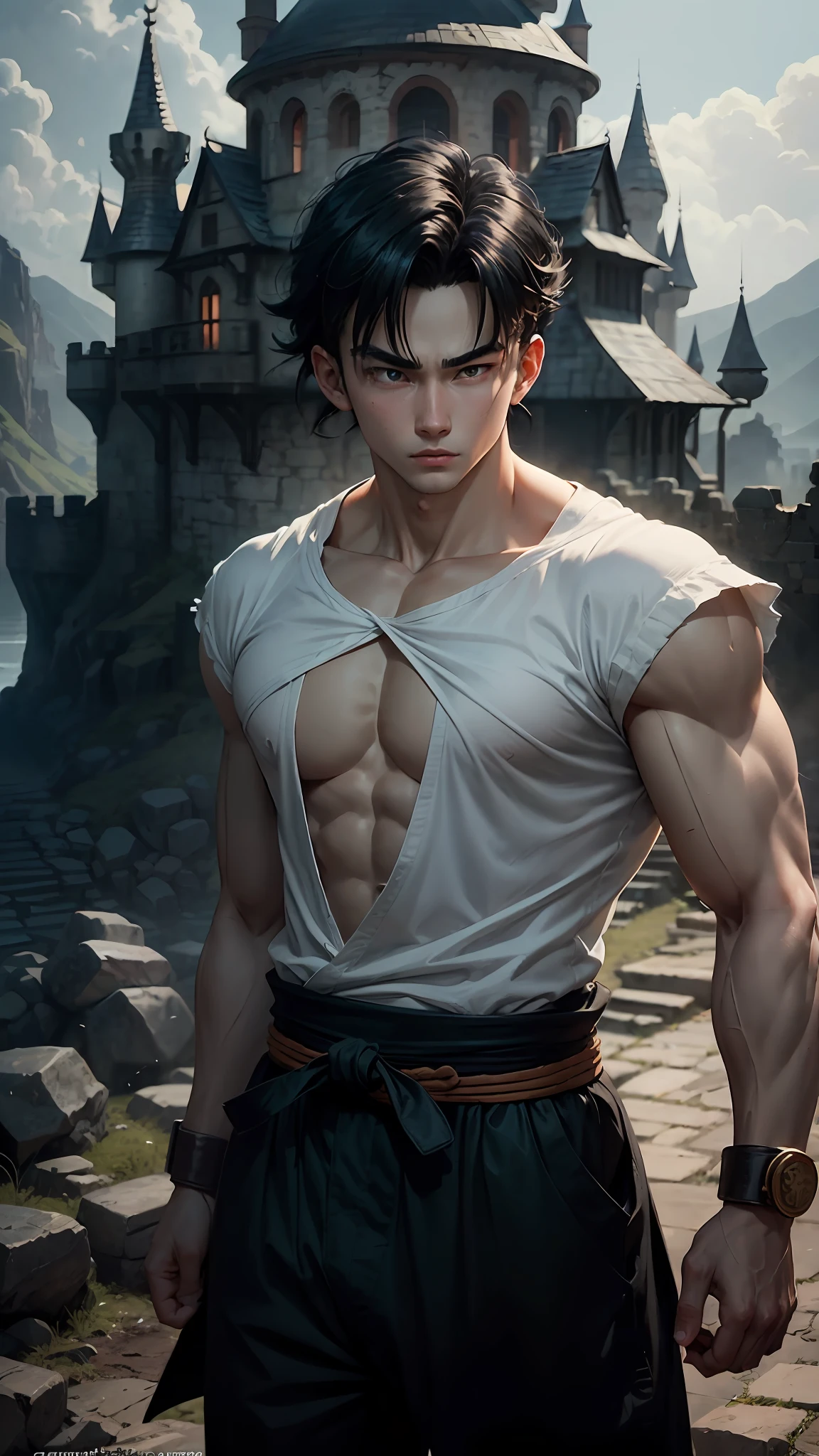 A 20-year-old gohan, wearing a white shirt and black belt, is a character from the Dragon Ball series. Dark old castle landscape. Standard body, finger drawing, beautiful double eyelids, handsome face, gliulian art style, highly detailed official artwork, jin shan, official art
