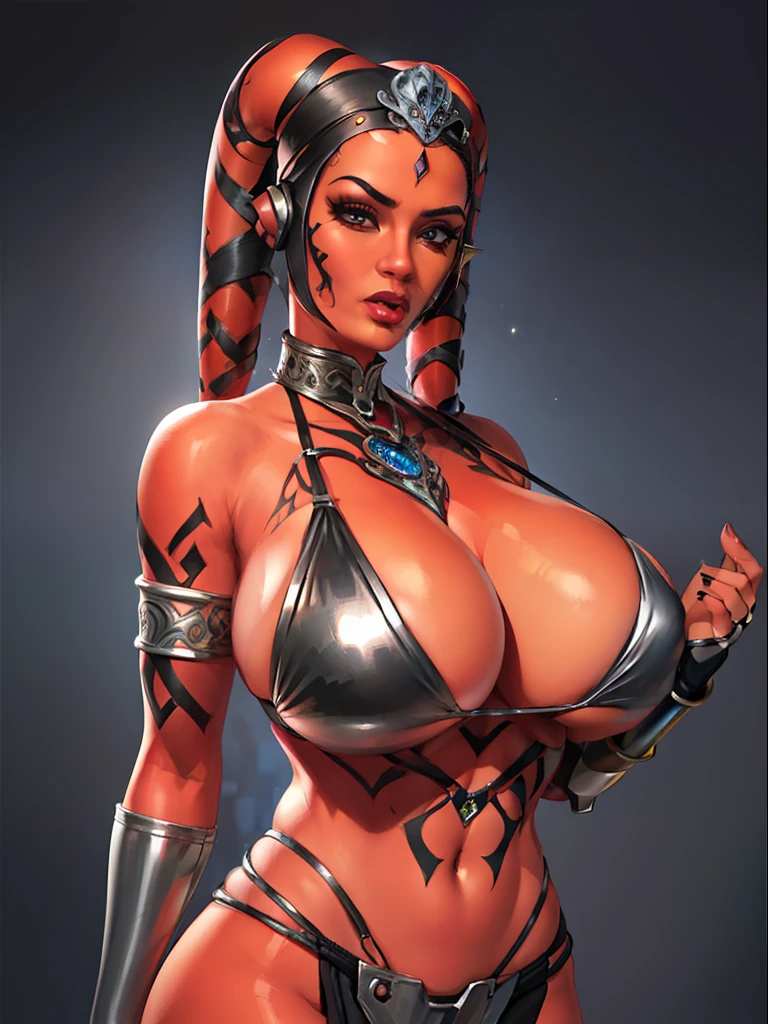 (best quality, masterpiece, highly detailed), 1girl, (red skin), sexy busty Twi'lek, (((huge breasts))), cleavage, sharp facial features, silver and black bikini, silver, ornate metal bra, metal lace, gemstones, jewelry, long skirts, armlets, pelvic curtain, silks, Star Wars, lekku stripes