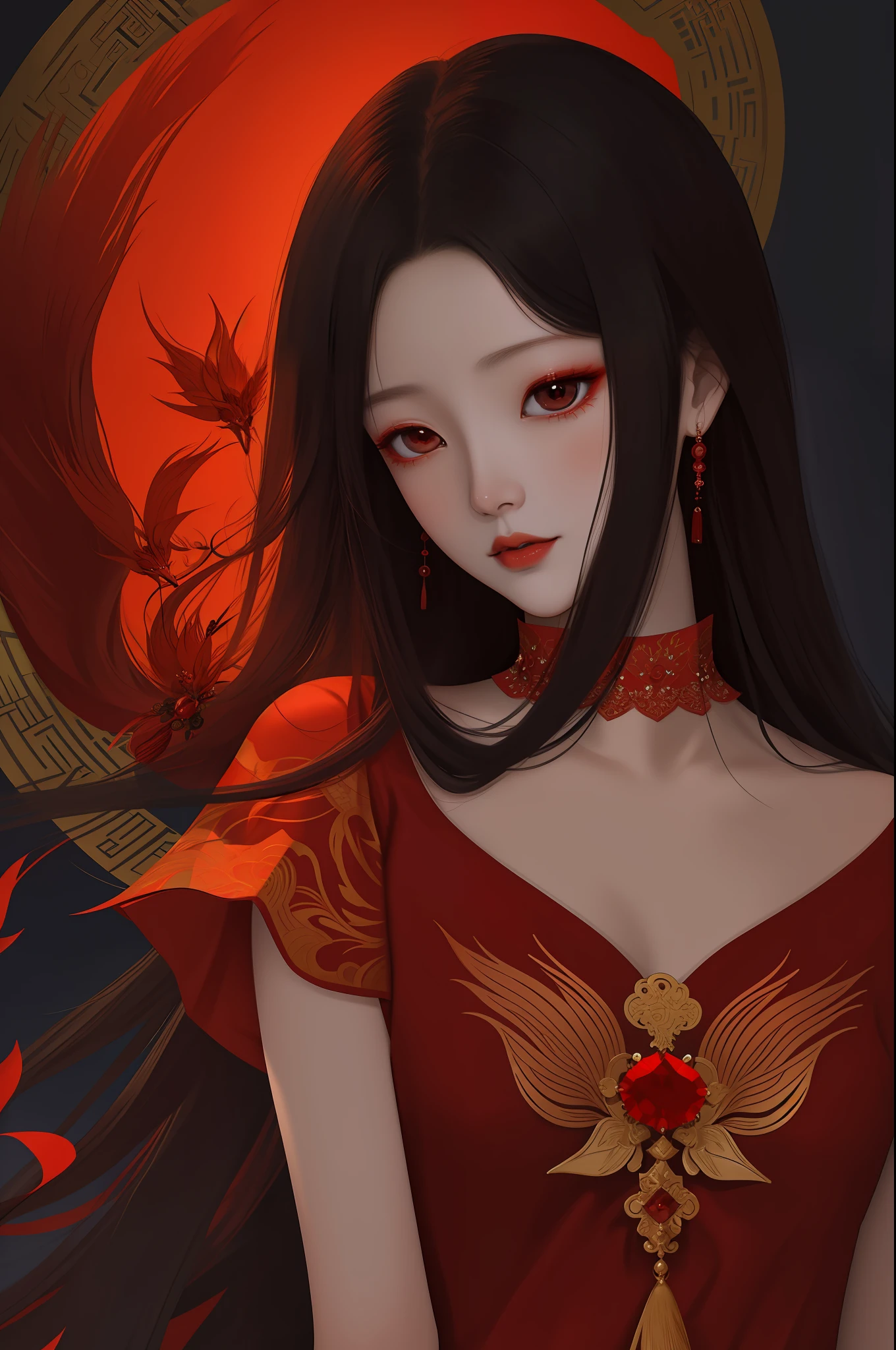 Close-up of a woman in a red dress,Enchanting fox demon,Daji,deep dark background,depth of fields,enchanting elegance,masterful technique,Manifestations of naturalism,Harmonious composition,Creative improvements,Striking juxtaposition, digital art inspired by Yanjun Cheng, Tumblr, shin hanga, Zhang Jingna, shaxi, takato yomamoto. 4 k'', masami kurumada, shikamimi, mingchen shen, eiko ishioka, yanjun cheng,
