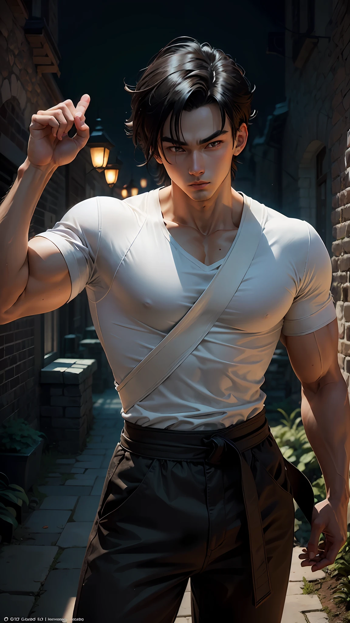 A 20-year-old gohan, wearing a white shirt and black belt, is a character from the Dragon Ball series. Dark old castle landscape. Standard body, finger drawing, beautiful double eyelids, handsome face, gliulian art style, highly detailed official artwork, jin shan, official art