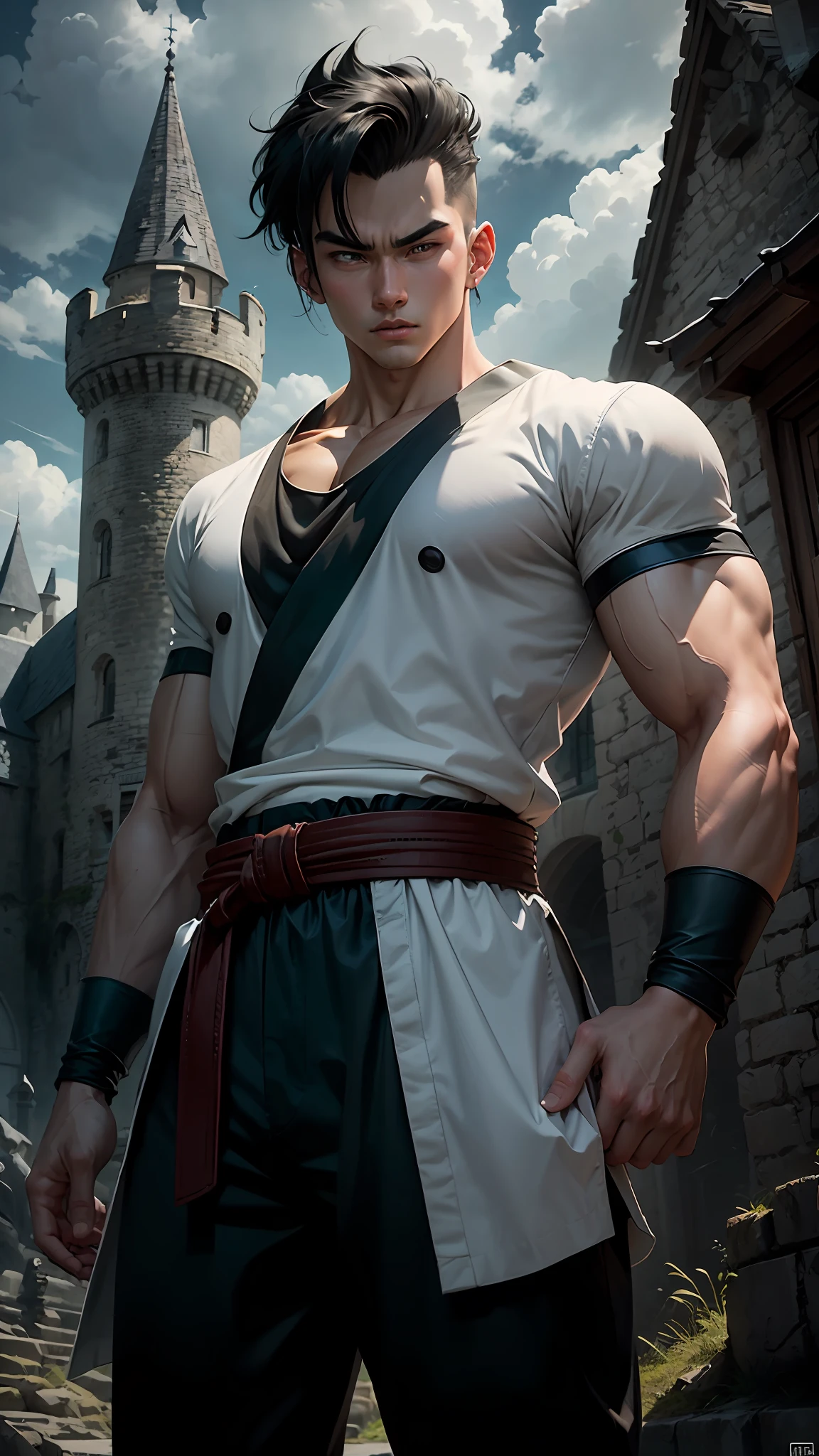 A 20-year-old gohan, wearing a white shirt and black belt, is a character from the Dragon Ball series. Dark old castle landscape. Standard body, finger drawing, beautiful double eyelids, handsome face, gliulian art style, highly detailed official artwork, jin shan, official art