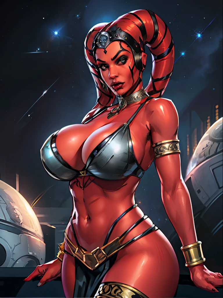(best quality, masterpiece, highly detailed), 1girl, (red skin), sexy busty Twi'lek, (((huge breasts))), evil space dancer, cleavage, sharp facial features, silver and black bikini, silver, ornate metal bra, metal lace, gemstones, jewelry, long skirts, armlets, pelvic curtain, silks, Star Wars, lekku stripes