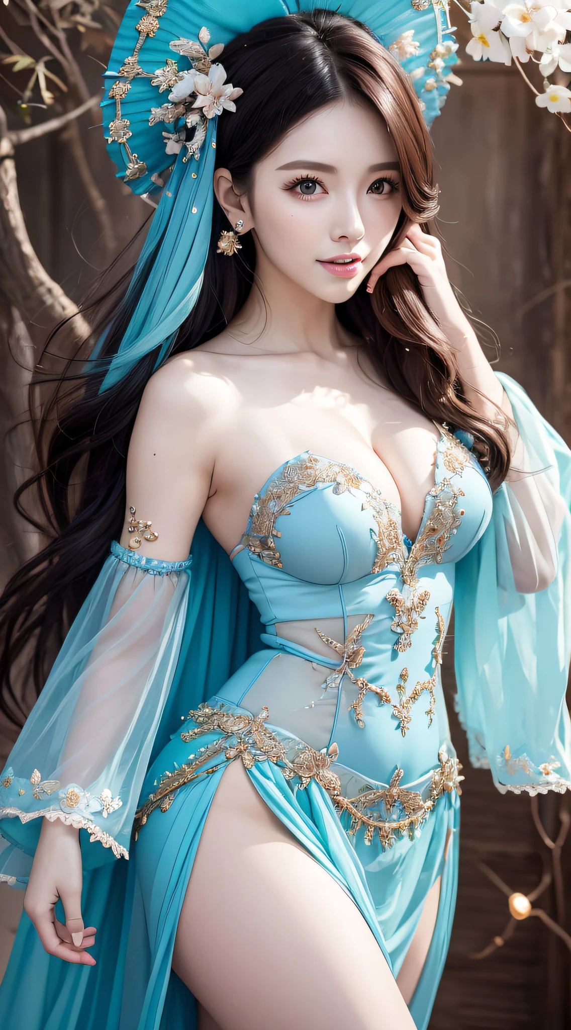 top Quority，Lots of detail，There is a woman in a random light dress posing for a photo，lunar themed attire，astral witch clothes，Fantasy costumes，Live girl cosplay，beautiful celestial mage，inspired by Leng Mei，Bandeau Dress，Popular on CGSTATION，celestial goddess，render of april，light blues，Fantastic medium portrait top light，light blue colored skin，amouranth，Fantasy dresses，Full body close-up