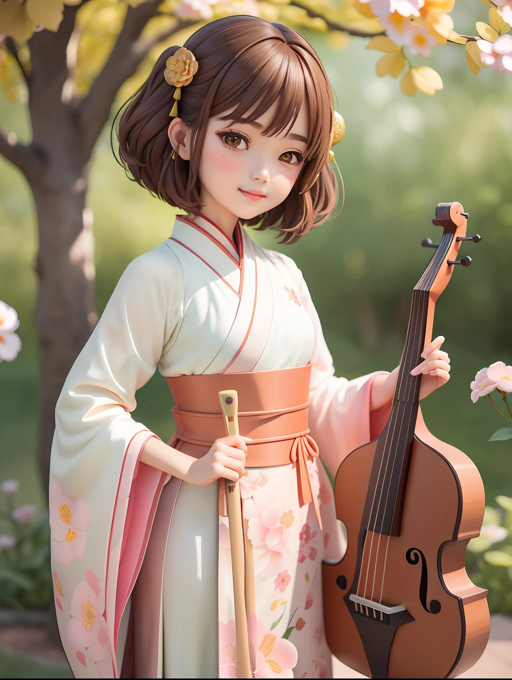 (Daisaku),(Need),(Super meticulous),(full bodyesbian:1.2),1girll,Hanfu，China-style，period costume，adolable,ssmile,Open-mouthed,exteriors,Play the lute，music,Hold the lute，Manteau,Blushlush,The tree,:3,short detailed hair,jasmine flowers，Blurred,A brown-haired,Blush stickers,longer sleeves,By bangs,Earphone,brunette color hair,pinkflower,(beautiful  detailed face),(美丽细致的眼睛),