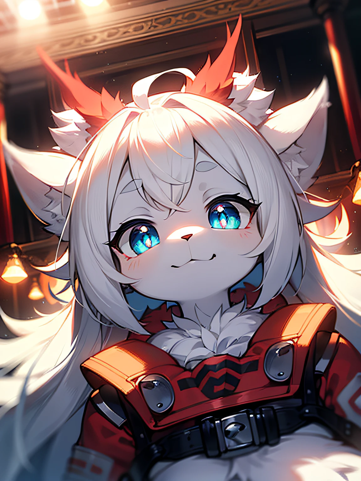 hairy pubic,White fur,hyper cute face,Red element on fur,Beautiful lights and shadows,ambient lights,Ultra-fine fur,volumettic light,Blue pupils