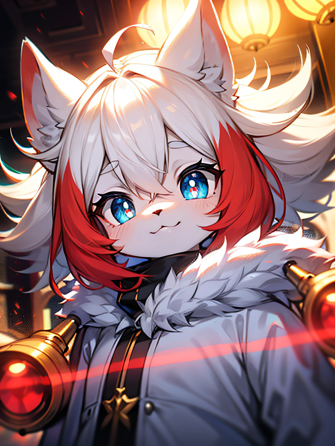 hairy pubic，White fur，hyper cute face，Red element on fur，Beautiful lights and shadows，ambient lights，Ultra-fine fur，volumettic light，Blue pupils