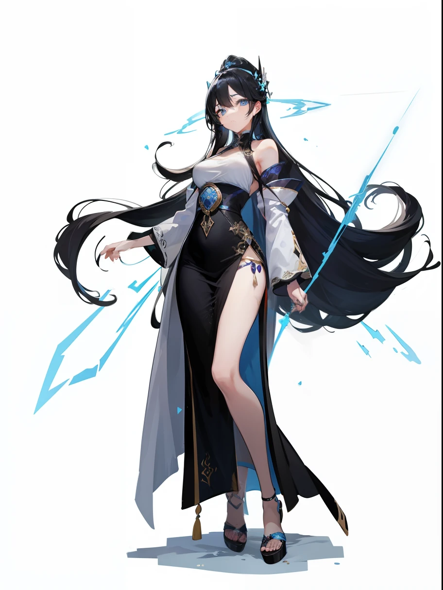 A sexy woman,Royal sister style,Have full breasts,She has long black hair,Blue eyes,She had a small mole on her face,Full-body standing position,quadratic element,The Chinese silver robe has lightning runes on it,
