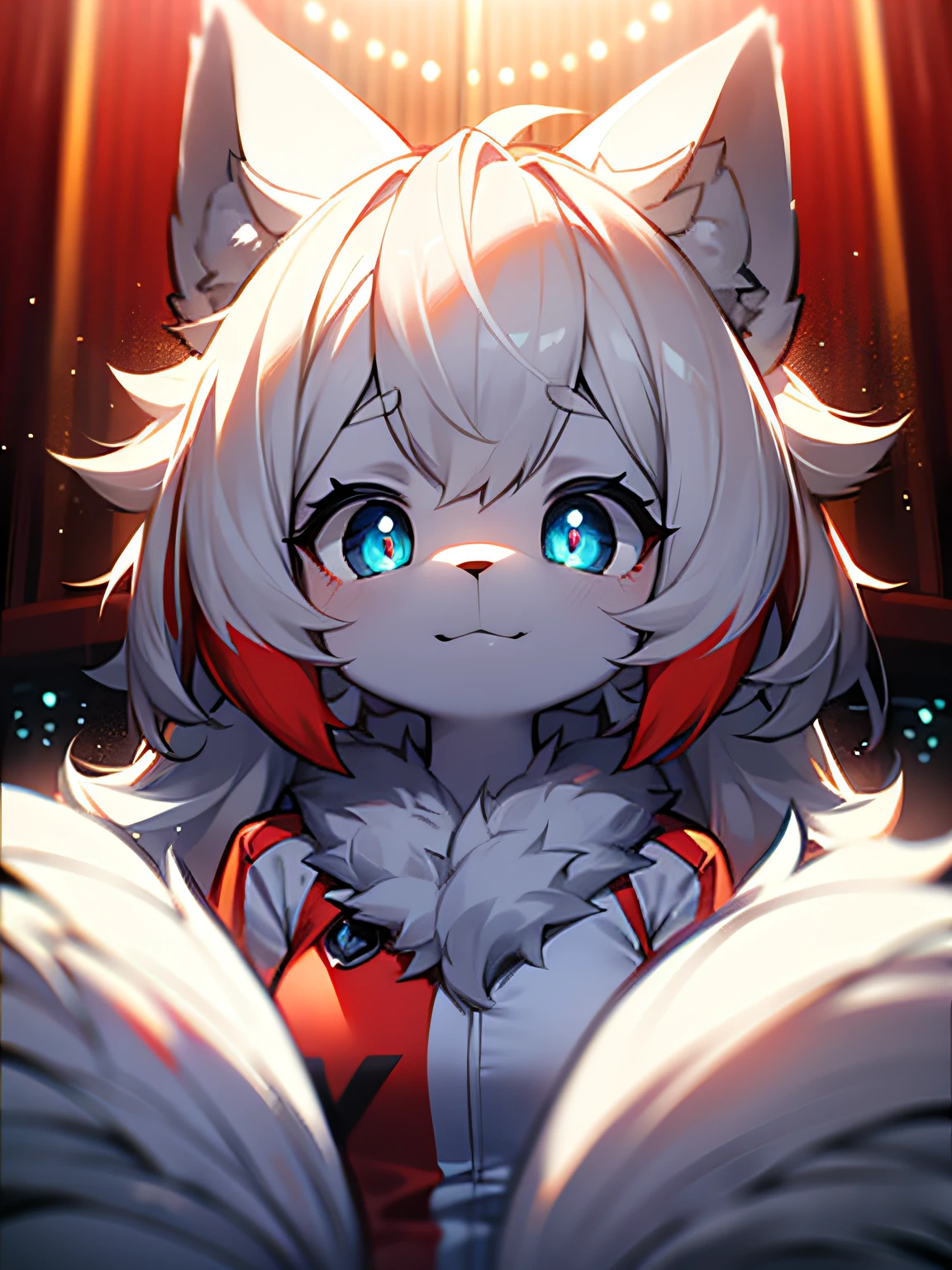 hairy pubic，White fur，hyper cute face，Red element on fur，Beautiful lights and shadows，ambient lights，Ultra-fine fur，volumettic light，Blue pupils