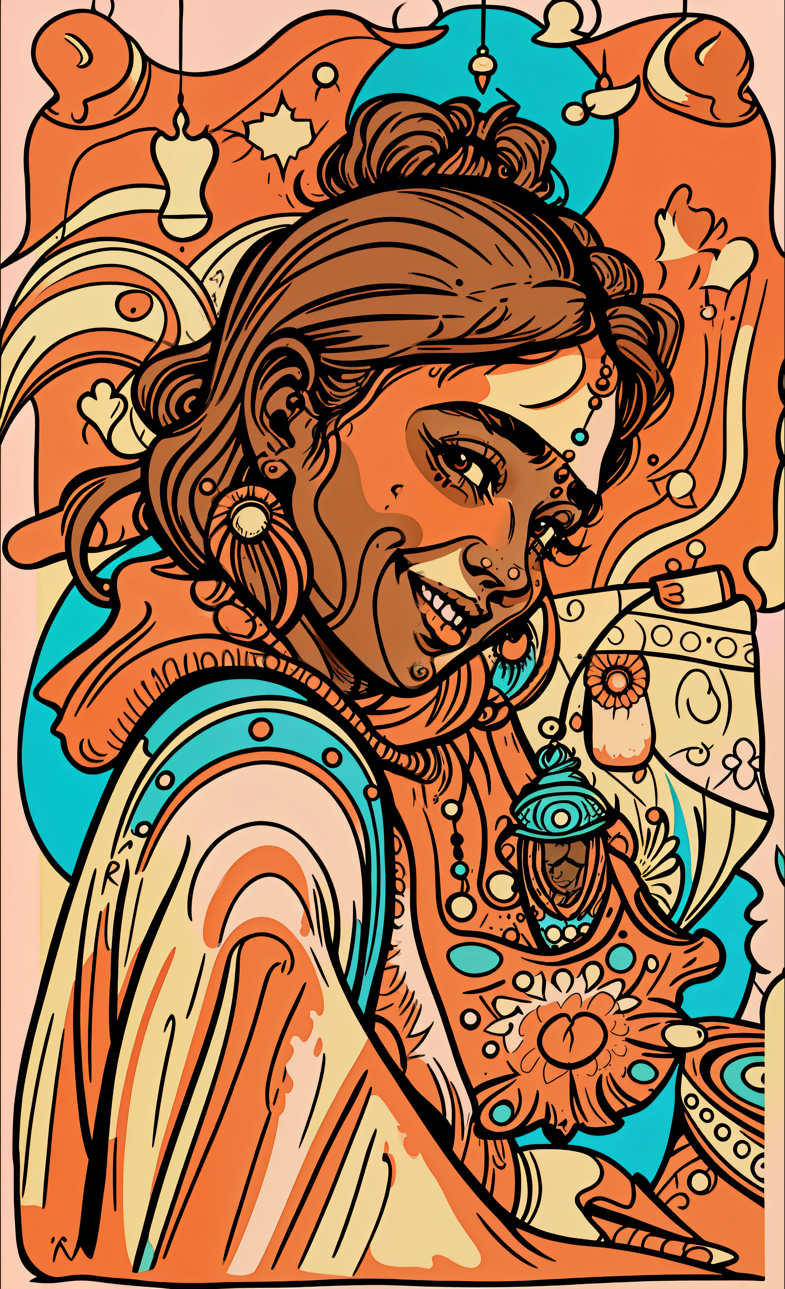 there is a woman in a red poncho, a colorized photo by T. K. Padmini, tumblr, hurufiyya, with lovely look, around 1 , indian girl with brown skin, profile pic, innocent smile painting of a woman, vibrant and bold pop art with high contrast colors, dynamic composition, and exaggerated details