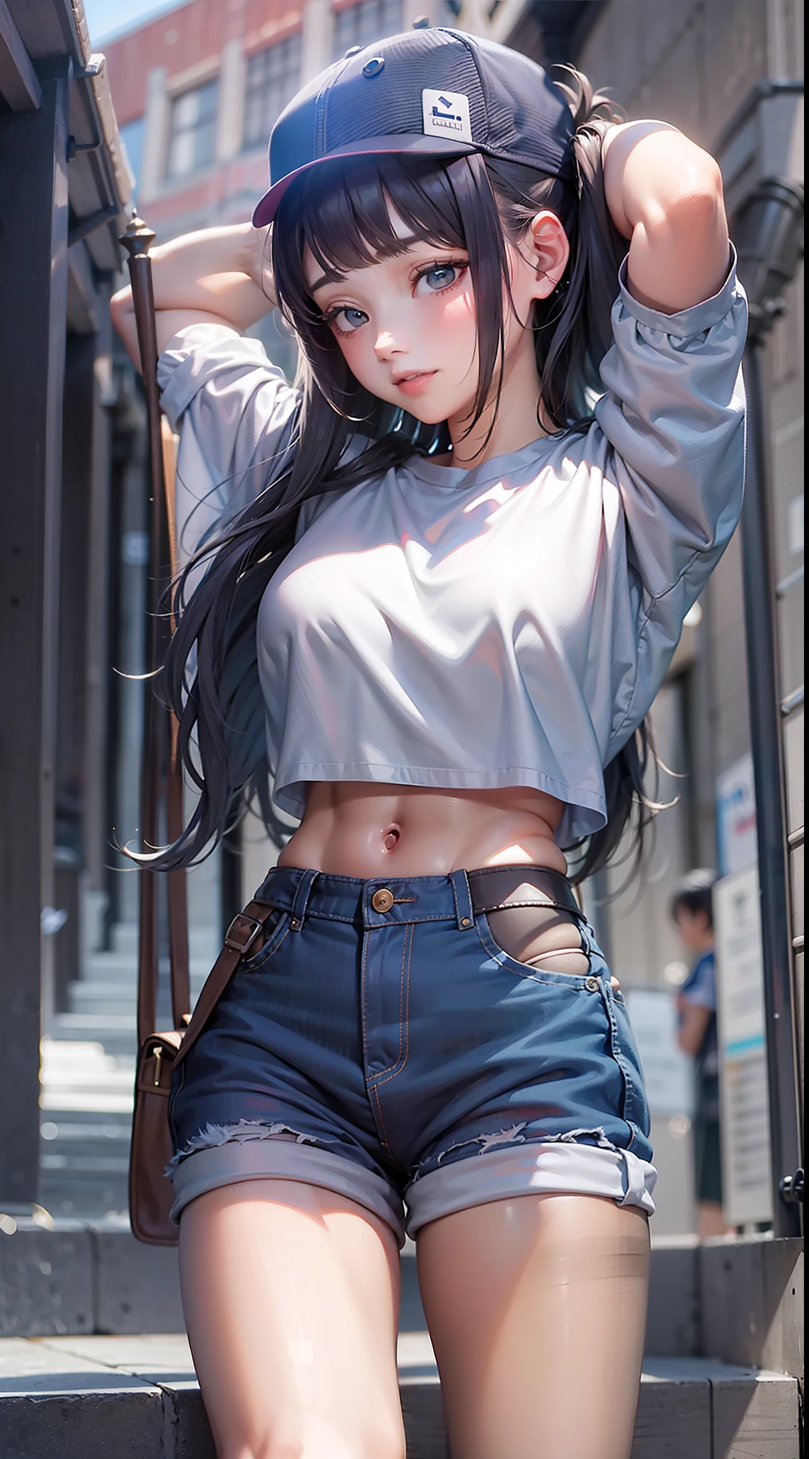 incantation(Prompt): tmasterpiece， Best quality at best， absurderes， Perfect anatomy， 1girll， 独奏， Love Espada， long whitr hair， pony tails， ， baseball cap， graphic t shirt， denim short， Shorts pantyhose， Sat down， stairways， exteriors， 城市， ssmile， Dutch angle， wide - angle shot，Hands on your back，nabel