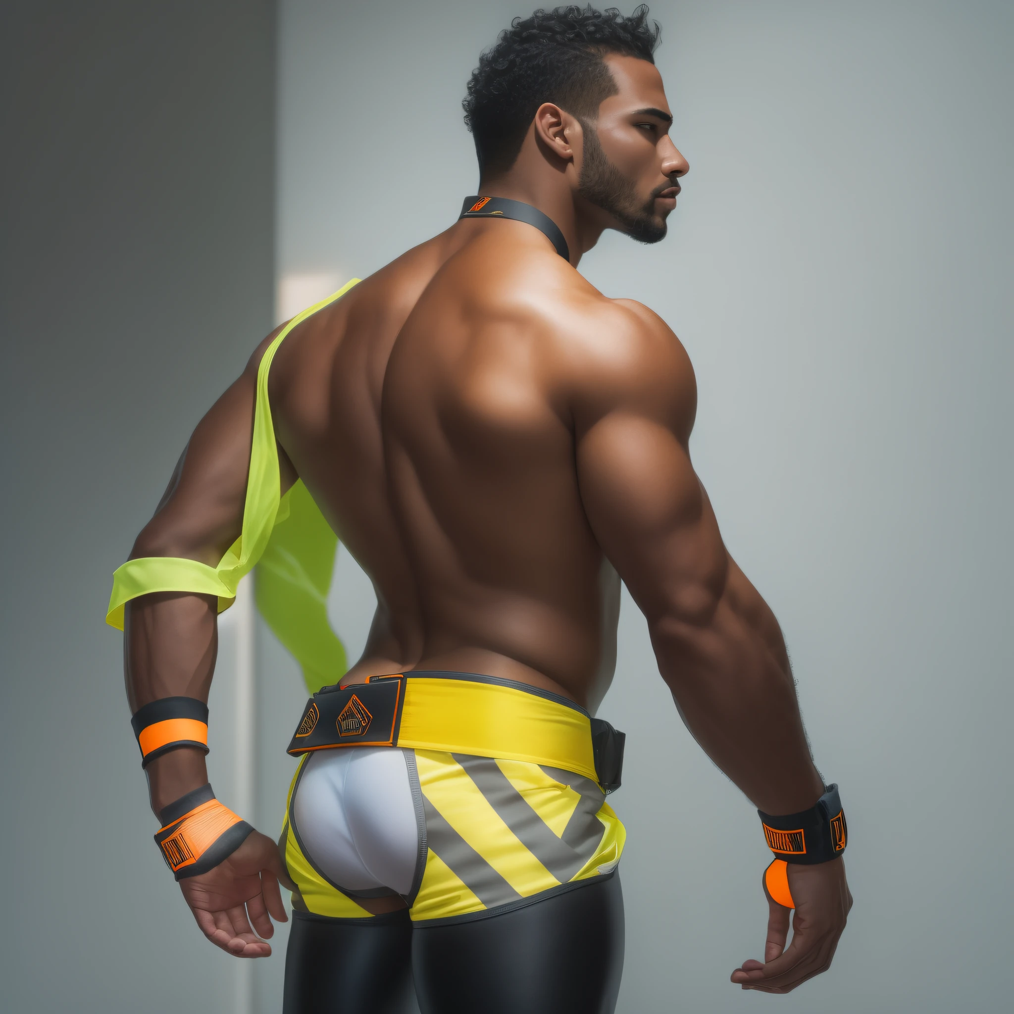 A naked handsome rugged and fit black construction worker in a white jockstrap, with a toned physique wearing a vibrant high visibility armband, and sturdy boots, side view, captured in a striking full-body shot from a low angle.