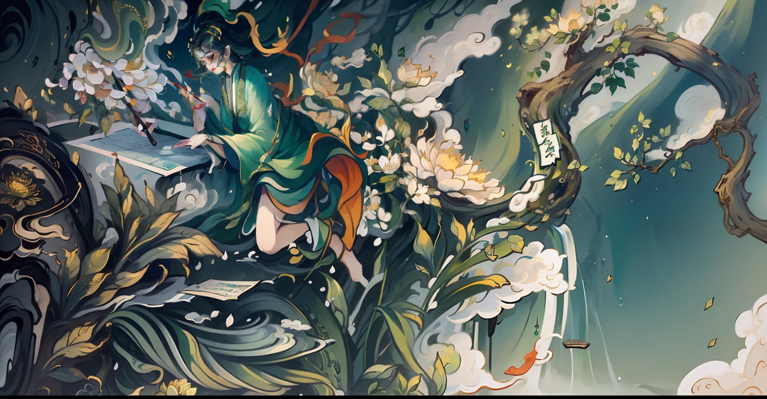 Wall paintings，tmasterpiece，Line drawing，A woman writing，green plant，banana，vine，fresh flowers，dead tree，Cloud fog，High hills，Huge thousand-year-old tree，Diffuse clouds，A masterpiece of art，Decorative painting，4K，超高分辨率，