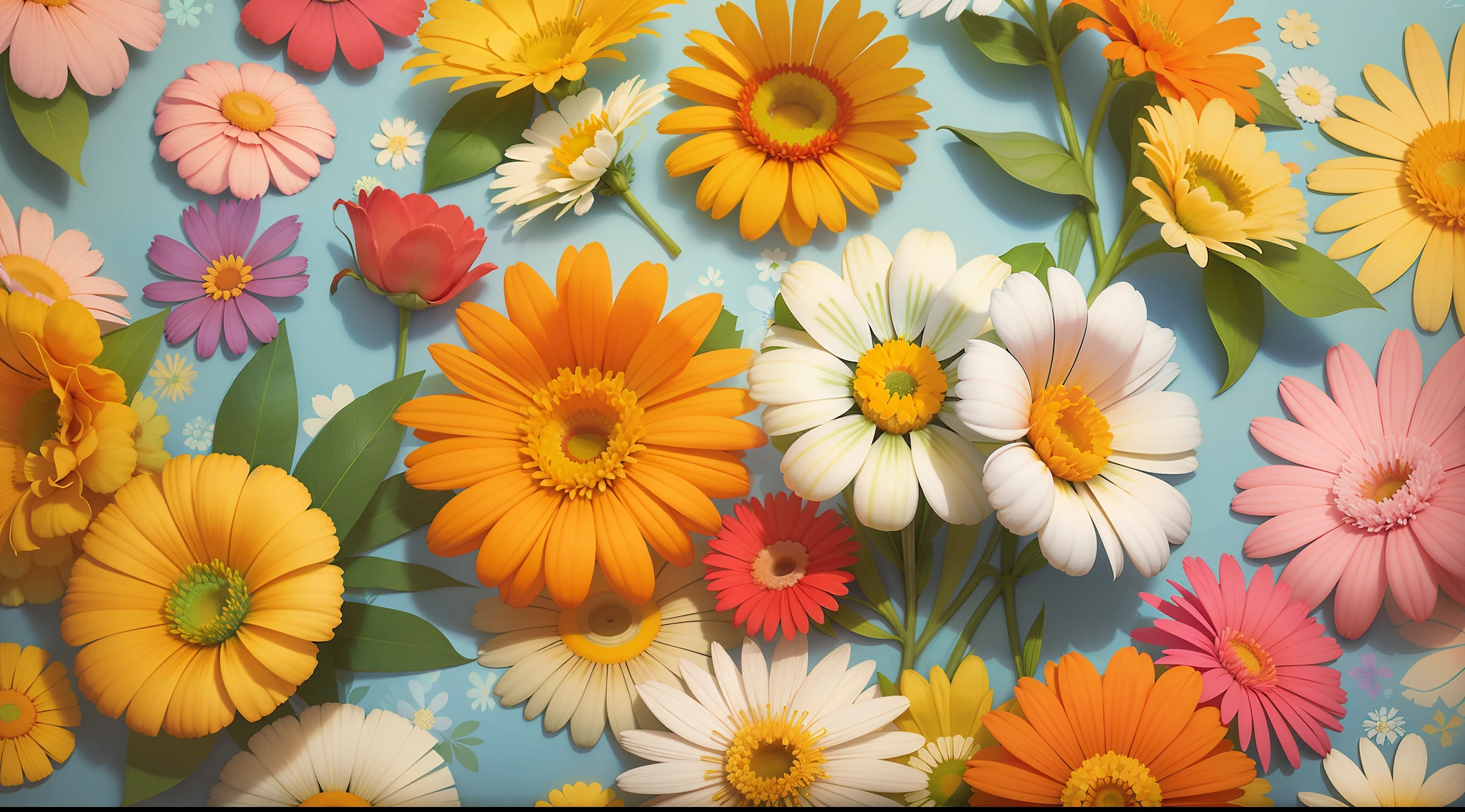 Brightly colored flowers are arranged on a blue surface, Floral wallpaper, flowers background, Flowers and flowers, Floral flower color, colorful flower, brightly colored flowers, Flowers and stems, Many flowers, blooming flowers, Colorful flowers, colorful flower, flowers background, florals, floral wallpaper, flowers in background, Pretty flowers, Daisies, surrounded flower, Flower motives