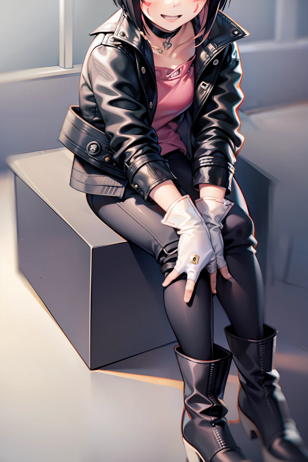 kyoka jiro, 1girl, solo, looking at viewer, smile, short hair, bangs, simple background, shirt, black hair, gloves, long sleeves, sitting, jacket, boots, open clothes, choker, pants, white gloves, blunt bangs, fingerless gloves, grey background, open jacket, black jacket, black choker, facial mark, black pants, pink shirt