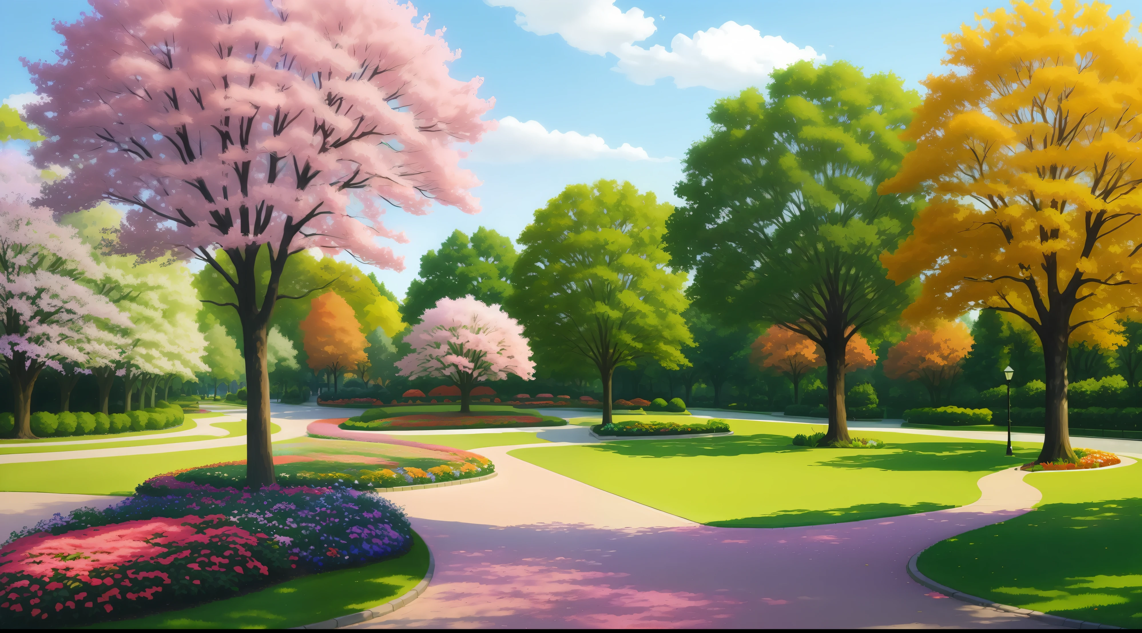 Promenade and colorful trees々View of the park with, parks and gardens, Park background, park on a bright sunny day, City park with flowers, park scenery, sunny day in a park, scenic colorful environment, flowers and trees, Trees and flowers, sunny park background, leafy tree々and flowers, green spaces, Beautiful trees, Detailed tree in bloom