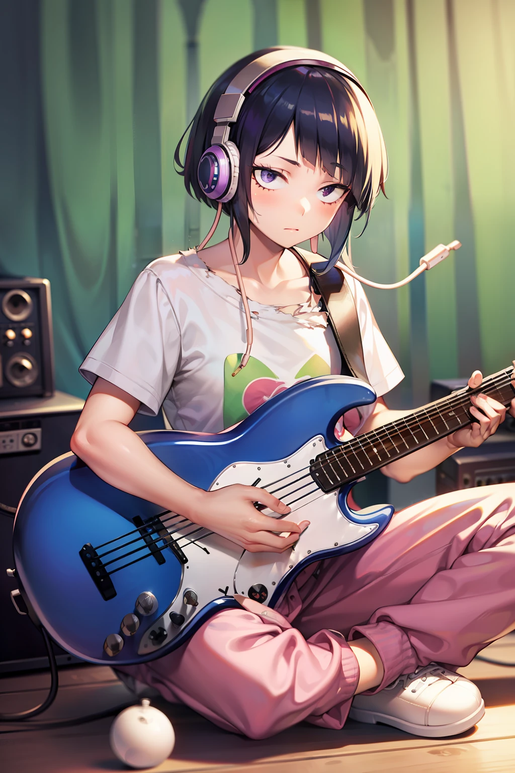 kyoka jiro, 1girl, solo, looking at viewer, blush, short hair, bangs, shirt, black hair, sitting, collarbone, short sleeves, shoes, pants, blunt bangs, star (symbol), torn clothes, headphones, white footwear, t-shirt, instrument, pink shirt, purple shirt, guitar, cable, torn shirt, electric guitar, capri pants, bass guitar, amplifier