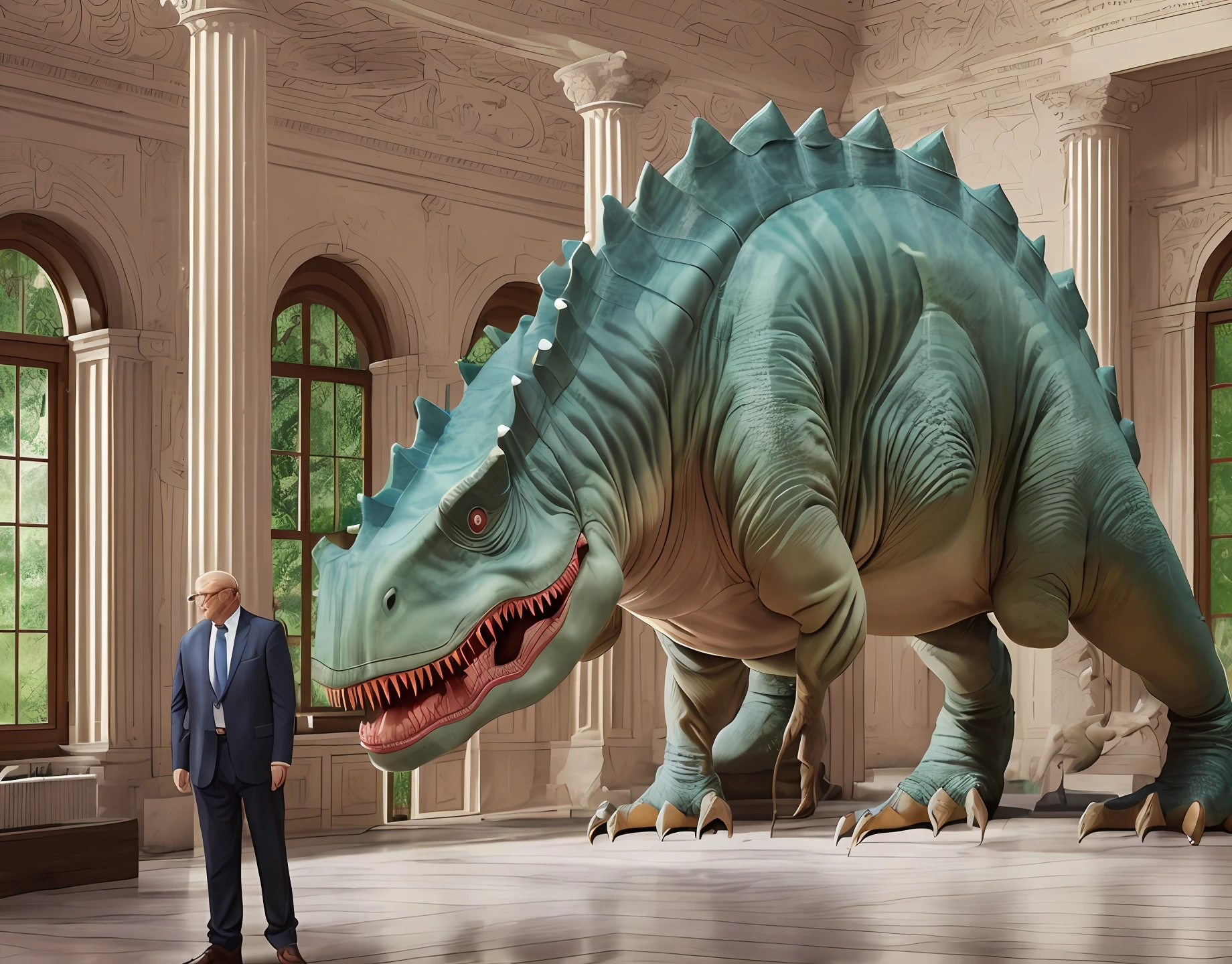 government and corproate leaders meeting climate change realistic (deathdinosaur beside them) --auto --s2