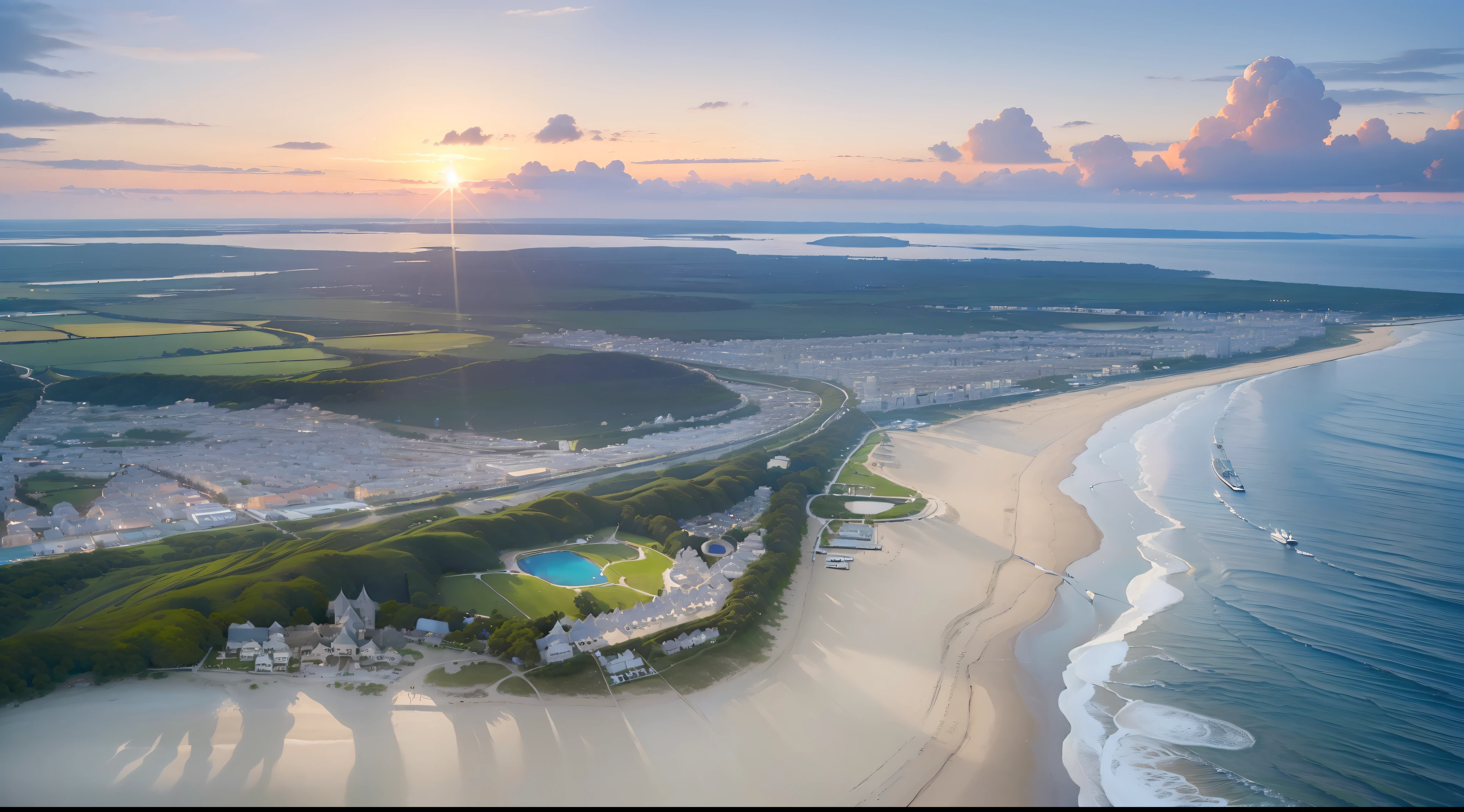 (((hight resolution)))、(in 8K)、 (((ighly detailed)))、(top-quality、masterpiece:1.3)、((sharpnes))、ciinematic light、the morning sun、Seaside village、1 Small church building、Far Horizon、Long sandy beach、Distant islands々、Big ocean、From a bird's-eye view