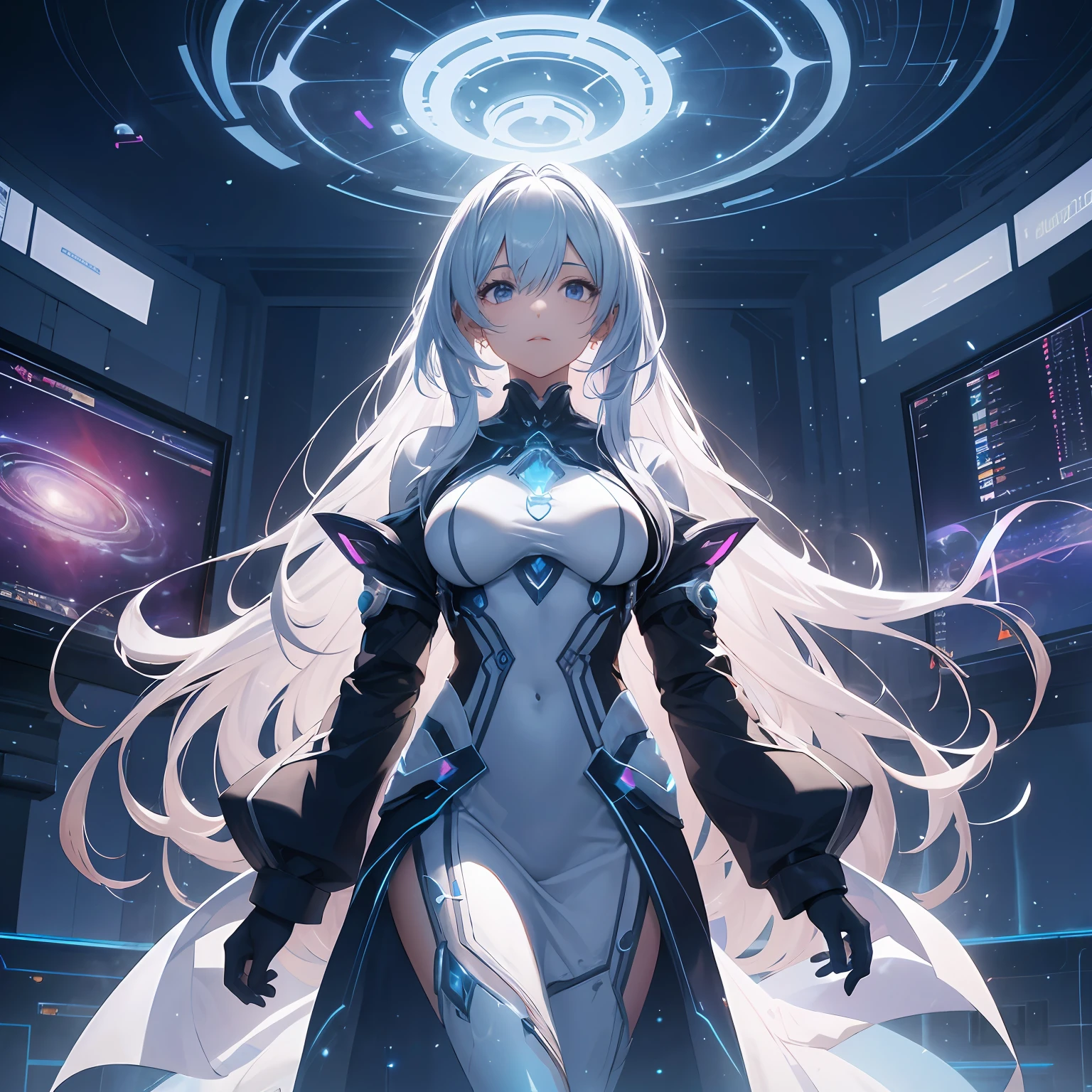 Step into a realm of ethereal beauty where a hospital room reflects the grandeur of celestial wonders. The room is like a vast cosmic observatory, with a massive holographic dome projecting breathtaking scenes of distant galaxies. In this awe-inspiring setting, robot nurses adorned in suits reminiscent of Halo warriors move with precision and grace. Their armor is infused with advanced technology, enabling them to provide the pinnacle of care to patients in need, as they uphold a legacy of healing and hope. For a touch of mystery and intrigue, imagine Loras as The Quantum Oracle, a being that transcends time and space. Her suit is an intricate fusion of ancient symbols and futuristic tech, with holographic patterns that shift and change. She has the ability to glimpse into possible futures, offering invaluable insights to patients and doctors alike. The Quantum Oracle's enigmatic presence in the hospital adds an air of mysticism and wonder to the scene. (anime) --auto