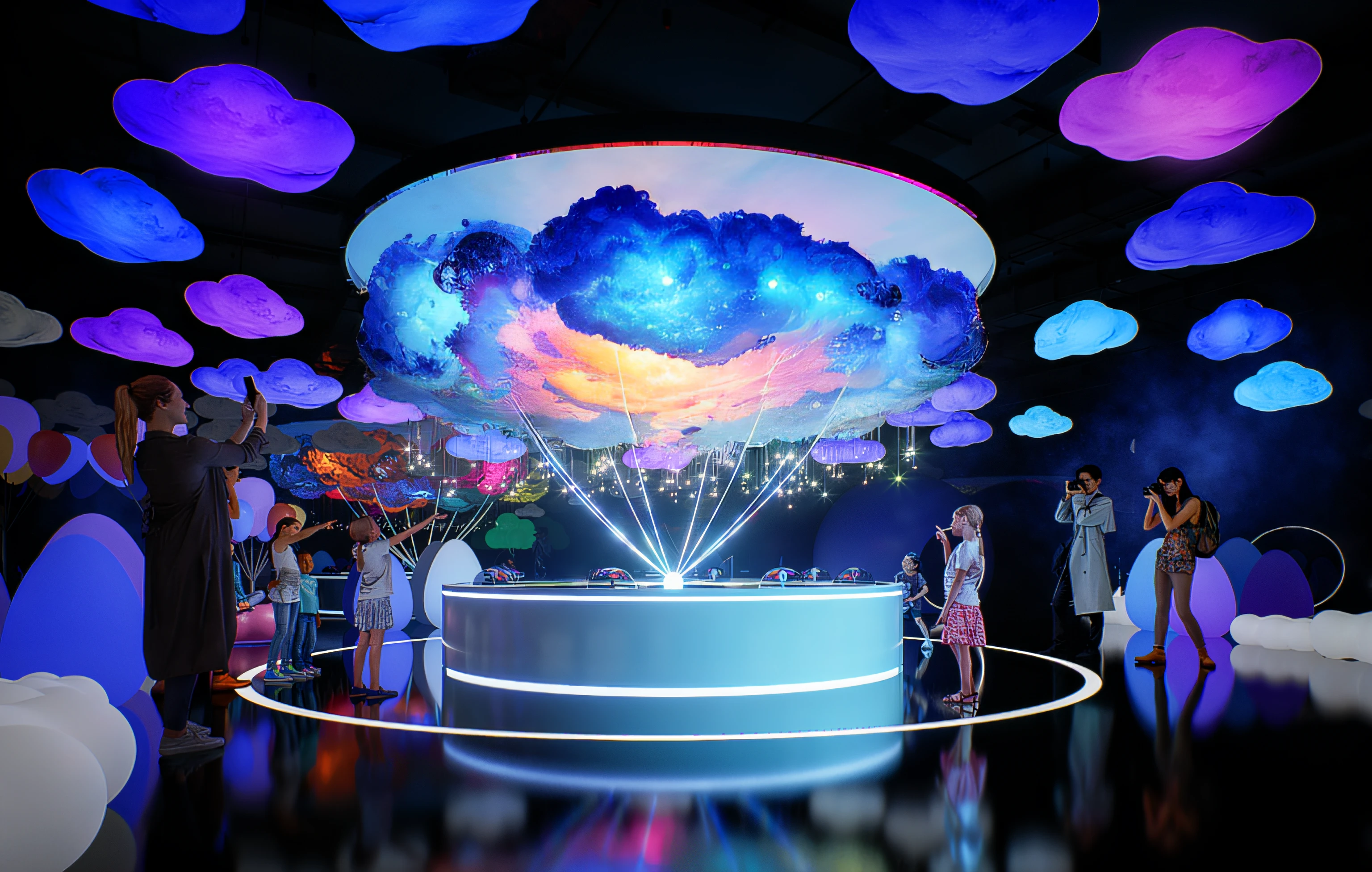 People stand around a large monitor，There is a cloud above, virtual metaverse room, cafe in the clouds, ethereal hologram center, metaverse concept art, emitting spore clouds, psychedlic clouds, teamlab, holographic projections, magical colors and atmosphere, interactive art, clouds of vivid horse-hair wigs, Cloud Palace, ibiza nightclub dancing inspired
