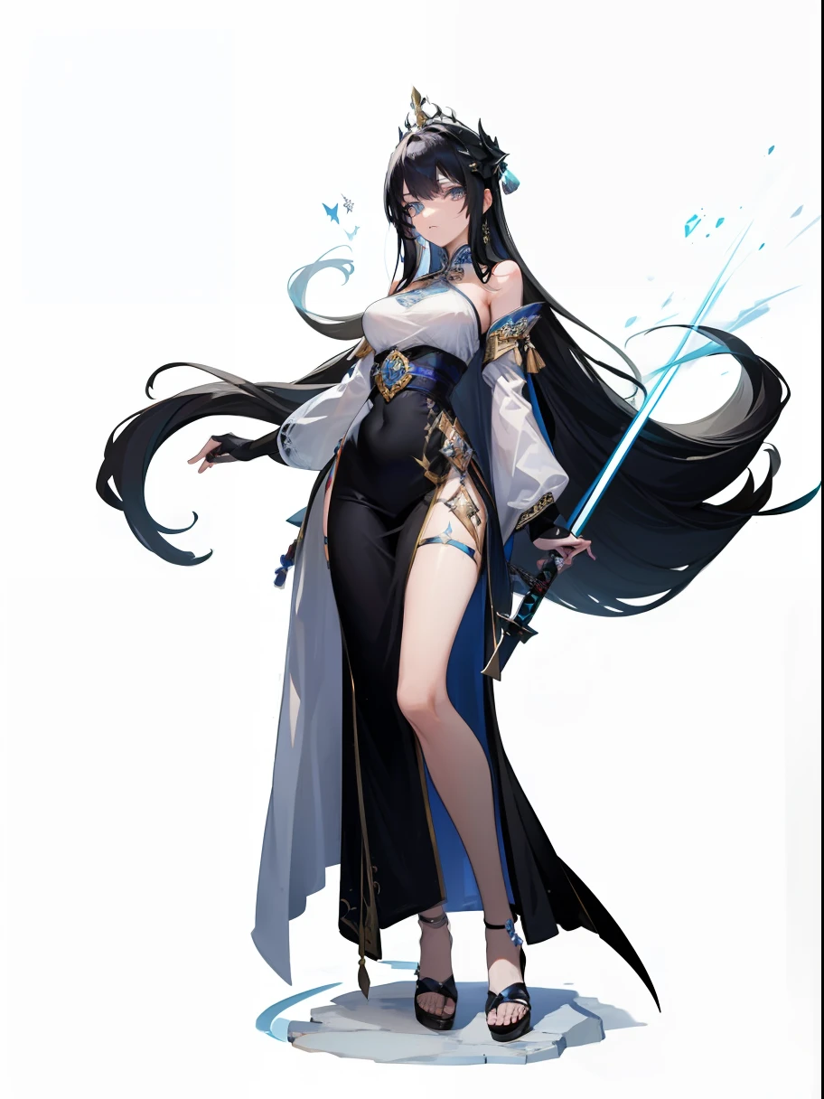 A sexy woman,Royal sister style,Have full breasts,She has long black hair,Blue eyes,She had a small mole on her face,Full-body standing position,quadratic element,The Chinese silver robe has lightning runes on it,Hold an ancient sword