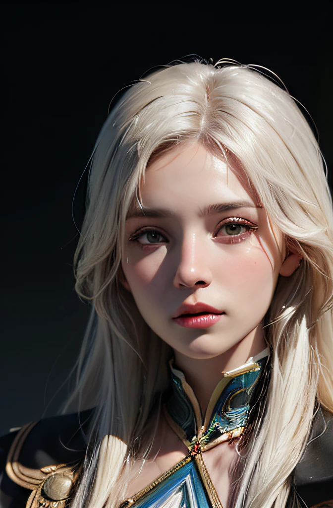 Hyperrealist portrait of female by david hockney and alphonse mucha,fantasy art, photo realistic, dynamic lighting, artstation, poster, volumetric lighting, very detailed faces, 4 k, award winning,, 1girl, in the dark, deep shadow, low key,cowboy shot,(official clothing:1.4) ,long hair,white hair,