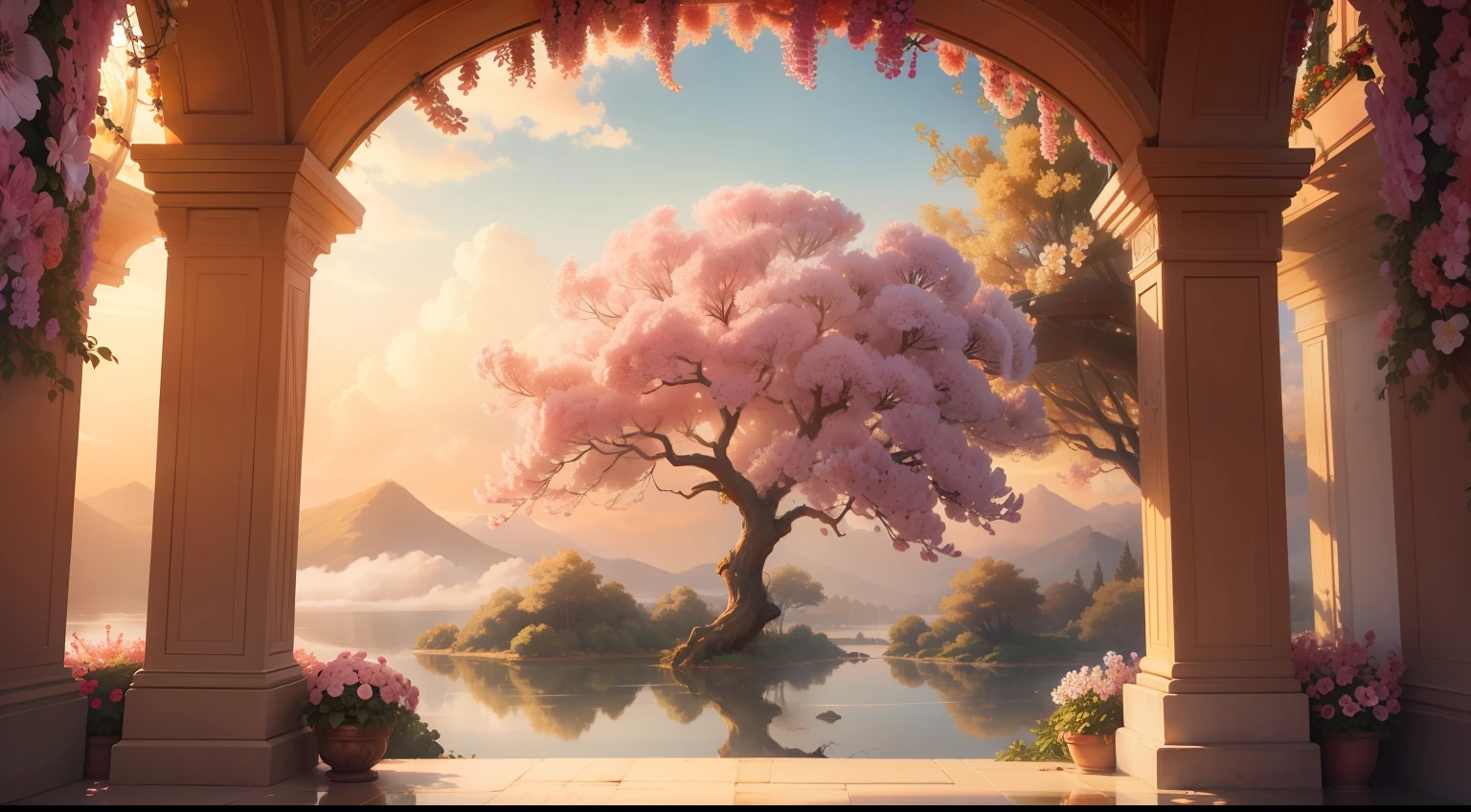 "View of a majestic flower-laden arbor perched on a luscious cloud in the sky, bathed in golden sunlight and enveloped in a vibrant and ethereal ambiance."