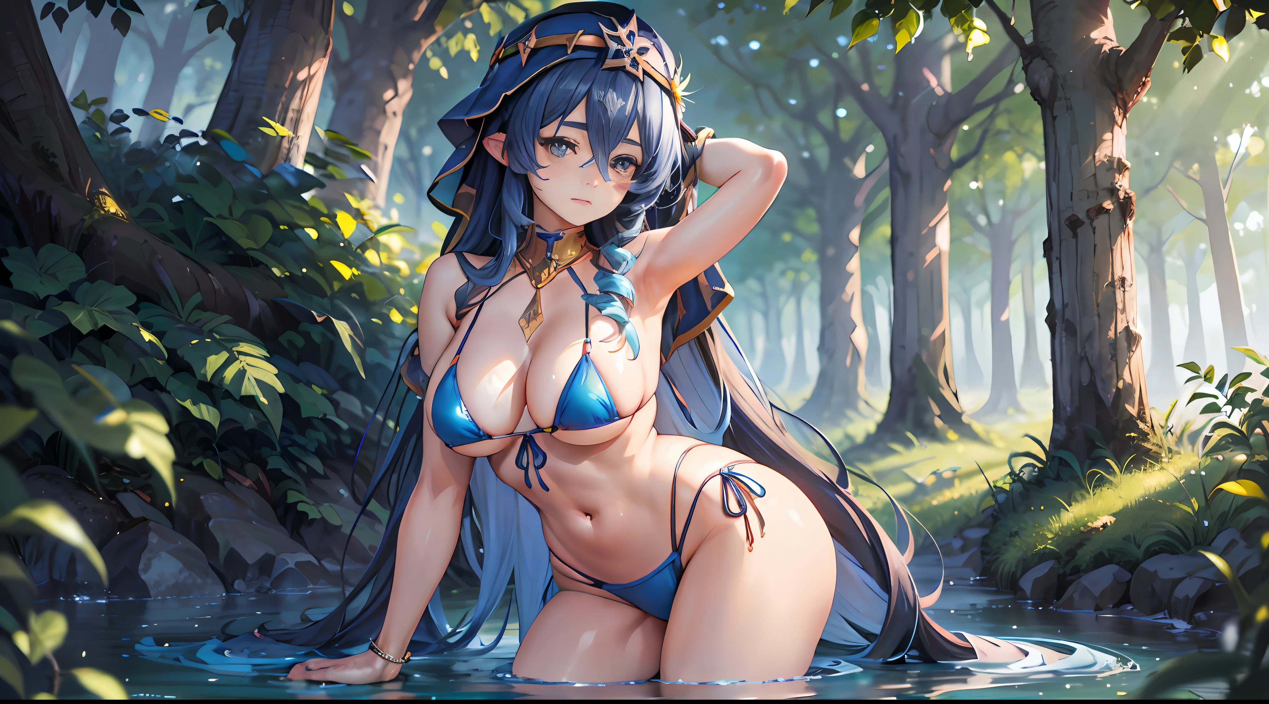 Layla Genshin Impact, Iwhole body, (NSTDA.:1.2), (10, beste-Qualit, master-piece: 1.4), ultra-high resolution, (realistic, photorealistic: 1.48), Cute Girl 25 years old , ( Beetle Micro see-through bikini:1.11), famous Japanese actress, big breasts, blue eyes, head tilted, cowboy shot, from the side, looking at viewer, emotionless, beautiful river in the forest, Zeiss 150mm F/ 2.8 Hasselblad, whole body, feet, ultra wide angle