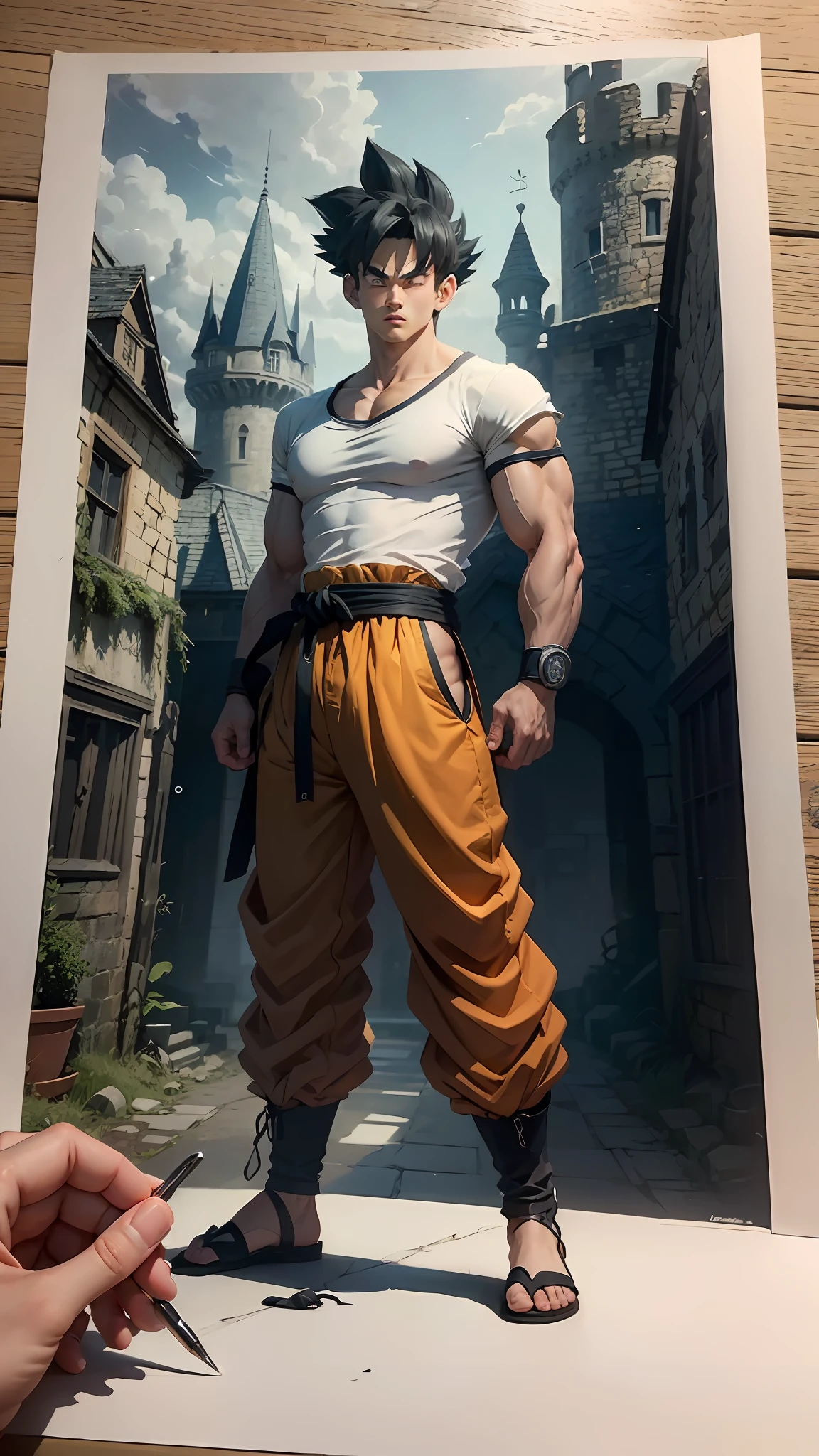 A 20-year-old goku, wearing a white shirt and black belt, is a character from the Dragon Ball series. Dark old castle landscape. Standard body, finger drawing, beautiful double eyelids, handsome face, gliulian art style, highly detailed official artwork, jin shan, official art