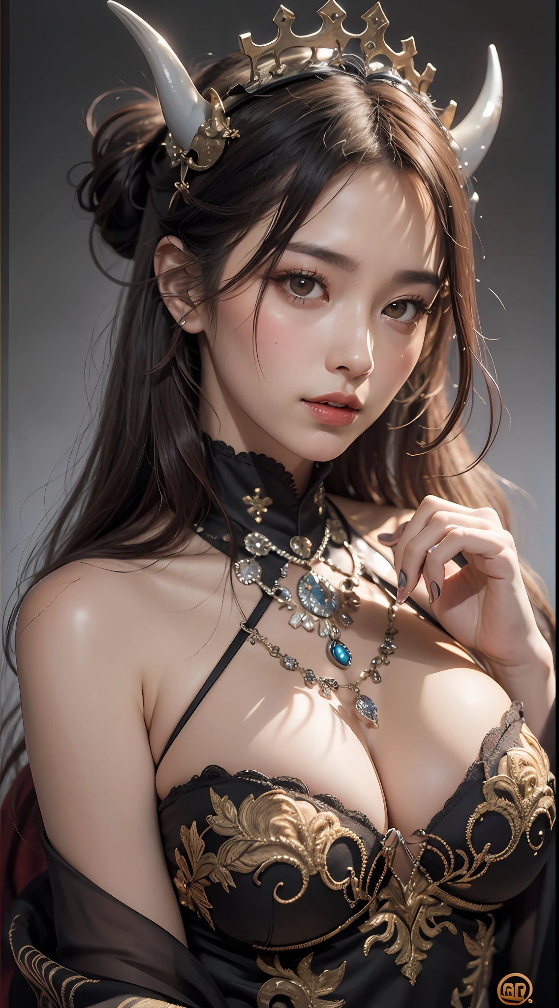 1 beautiful devil woman from hell, surreal female portrait by David Hockney and Alphonse Mucha, fantasy art, chinese doll, photorealism, dynamic lighting, artstation, poster, volumetric lighting, very detailed faces, 8k ultra, awarded, in the dark, low key, cowboy lens, (Red phoenix dress: 1.0), long hair, black hair, bust, devil's Palace, devil crown, red eyes make up very sharp and detailed, the most beautiful face, the breasts are very big and round and round, super realistic, chinese women's clothing, polo neck sweater, charming smile, the eyes are very well made up, ((bloodshot eyes:0.9)), guweiz, ((devil style:1.0)), wearing black mesh socks, ponytail with a bow tied at the back of the hair, plump and beautiful red lips, wearing a thin red and black robe, Hands pull the straps to reveal sexy breasts, the landscape is overcast and thunderous, (upper body portrait), close-up of the main character, (detailed spooky background:0.8), HDR, UHD, 8kquality, detailed pixel, facing the beautiful girl, looking at the girl body,