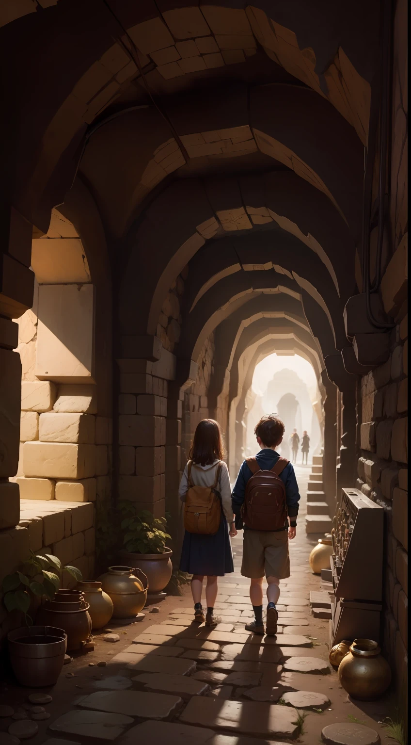One girl and a boy, looking at a cave full of golden coins.
