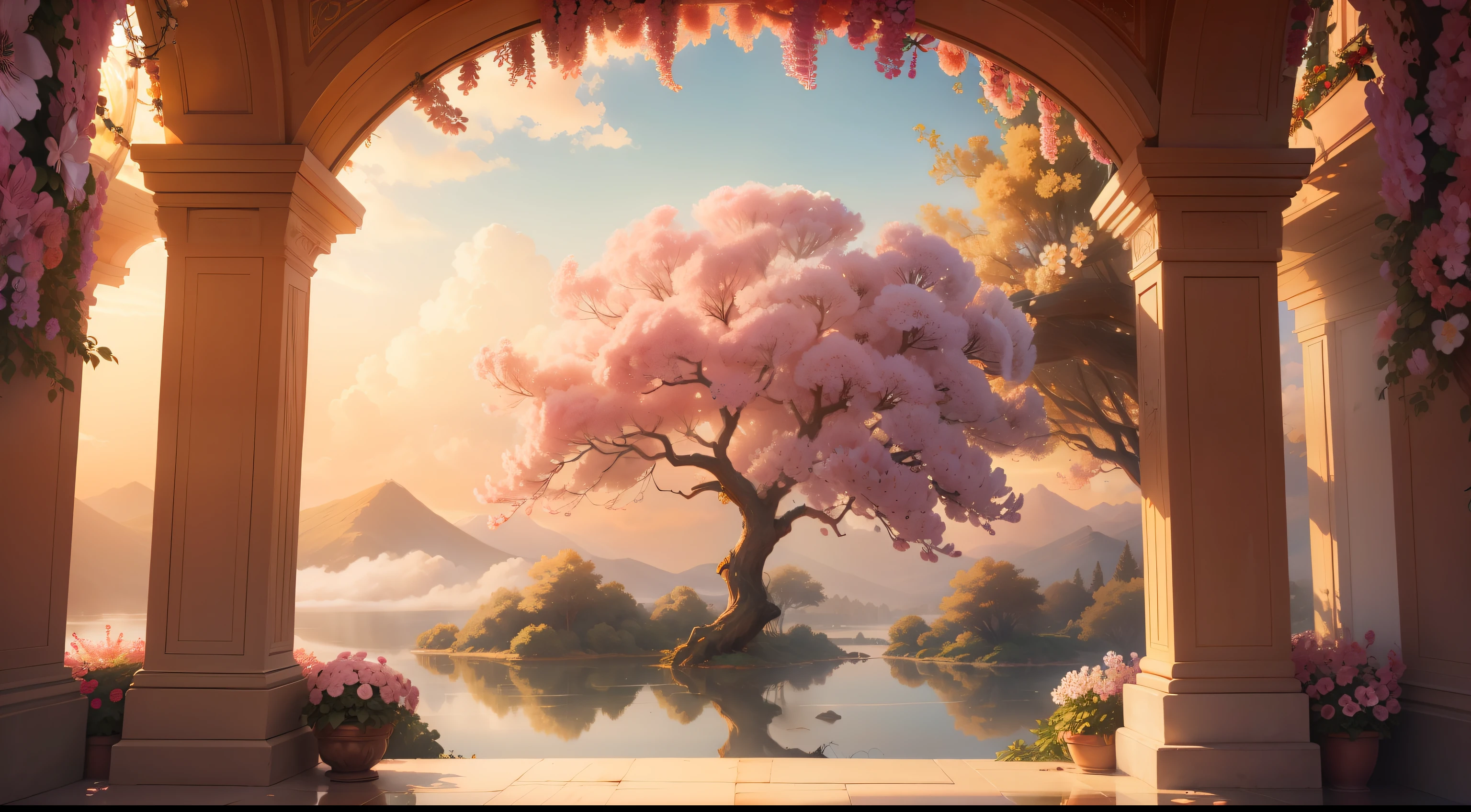 "View of a majestic flower-laden arbor perched on a luscious cloud in the sky, bathed in golden sunlight and enveloped in a vibrant and ethereal ambiance."