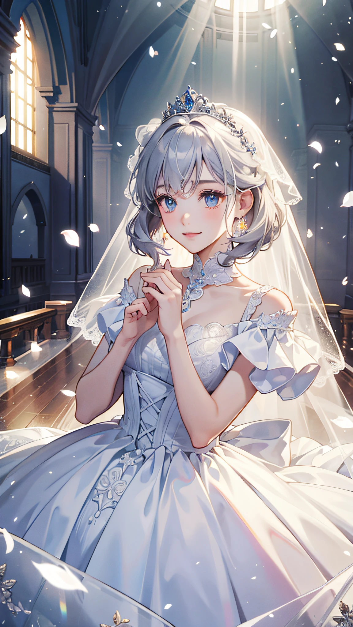 ((best quality)), ((masterpiece)) WEDDING PRINCESS DRESS, light ray, lens flare, white petals, long coated cat, exotic