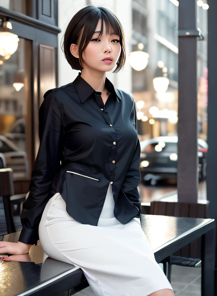 (8k, Best Quality, Masterpiece: 1.2), (Realistic, Photorealistic: 1.37), Super Detailed, 1 Girl, Cute, Alone, Beautiful Detailed Sky, Detailed Cafe, Night, Sitting, Date, ( Nose blush), (smile: 1.15), (close mouth) small breasts, beautiful details, (collared shirt: 1.1), night, wet, business wear, rain, white lace, (short hair: 1.2), floating Hair NovaFrogStyle,