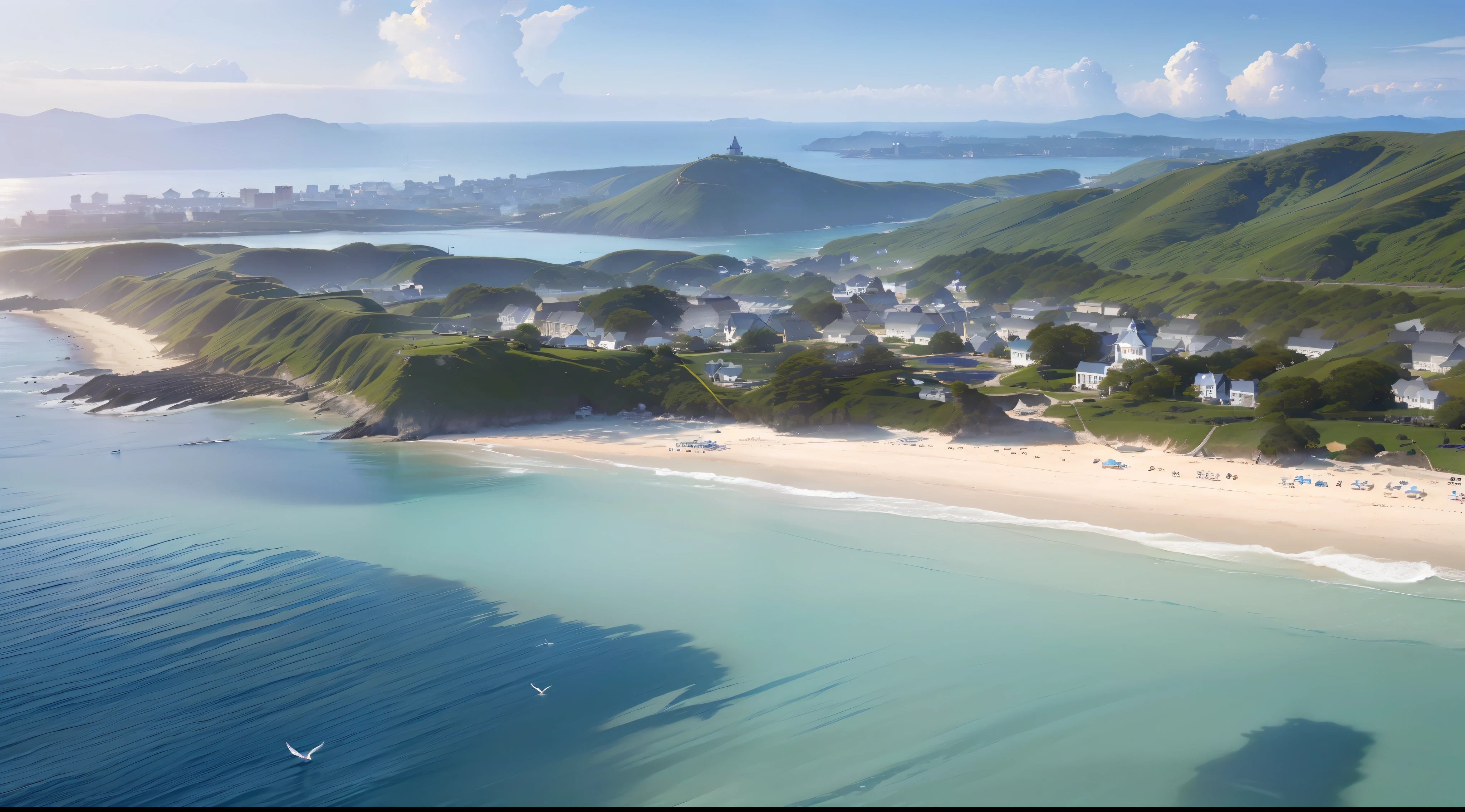 (((hight resolution)))、(in 8K)、 (((ighly detailed)))、(top-quality、masterpiece:1.3)、((sharpnes))、ciinematic light、the morning sun、Seaside village、1 Small church building、Far Horizon、Long sandy beach、Distant islands々、Big ocean、From a bird's-eye view