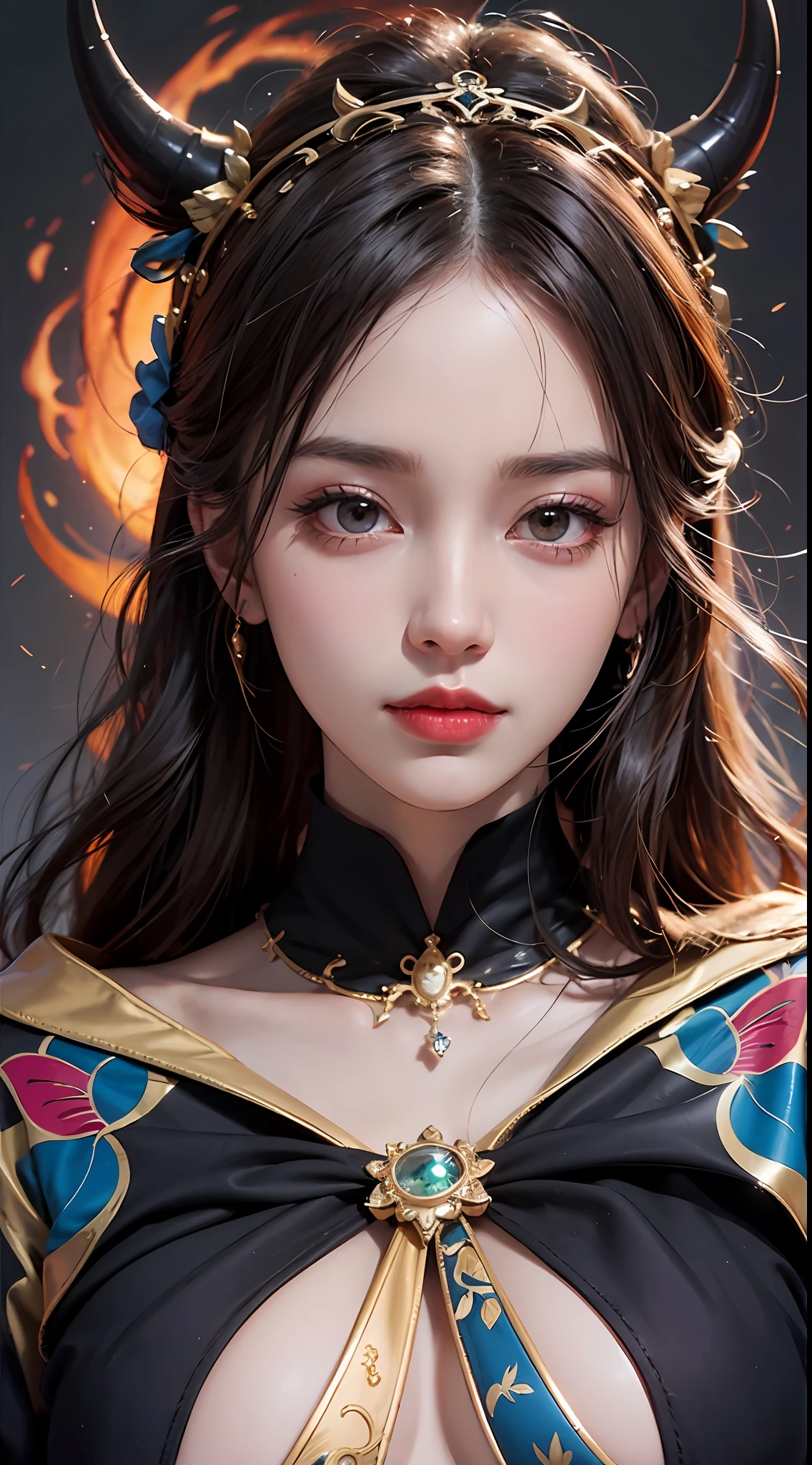 1 beautiful devil woman from hell, surreal female portrait by David Hockney and Alphonse Mucha, fantasy art, chinese doll, photorealism, dynamic lighting, artstation, poster, volumetric lighting, very detailed faces, 8k ultra, awarded, in the dark, low key, cowboy lens, (Red phoenix dress: 1.0), long hair, black hair, bust, devil's Palace, devil crown, red eyes make up very sharp and detailed, the most beautiful face, the breasts are very big and round and round, super realistic, chinese women's clothing, polo neck sweater, charming smile, the eyes are very well made up, ((bloodshot eyes:0.9)), guweiz, ((devil style:1.0)), wearing black mesh socks, ponytail with a bow tied at the back of the hair, plump and beautiful red lips, wearing a thin red and black robe, Hands pull the straps to reveal sexy breasts, the landscape is overcast and thunderous, (upper body portrait), close-up of the main character, (detailed spooky background:0.8), HDR, UHD, 8kquality, detailed pixel, facing the beautiful girl, looking at the girl body,