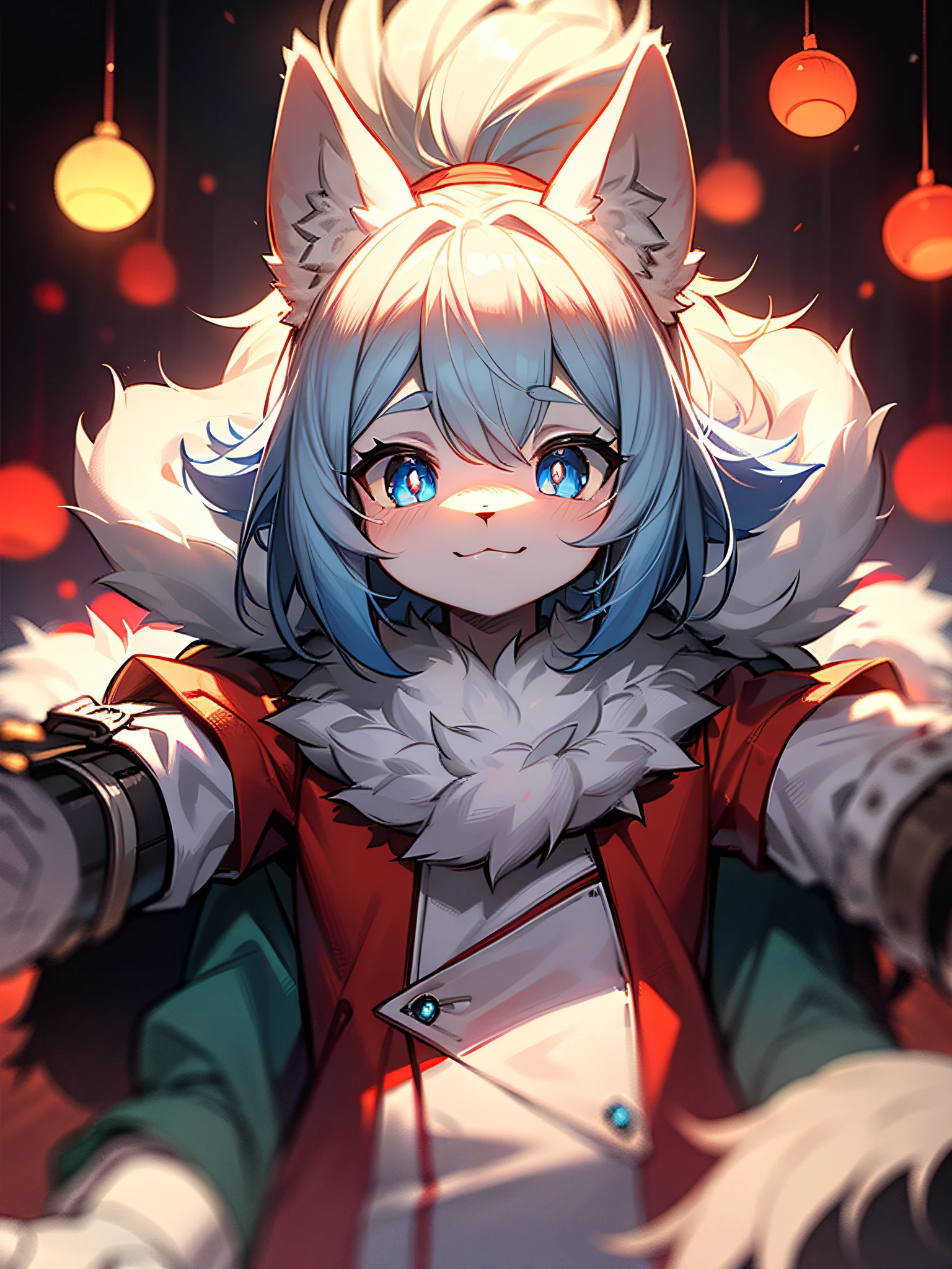 hairy pubic,White fur,hyper cute face,Red element on fur,Beautiful lights and shadows,ambient lights,Ultra-fine fur,volumettic light,Blue pupils