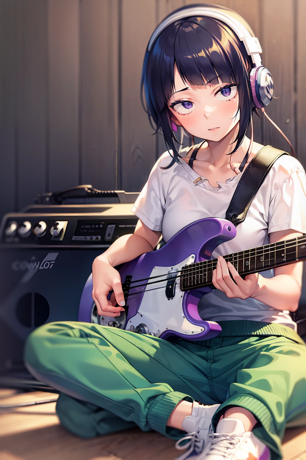 kyoka jiro, 1girl, solo, looking at viewer, blush, short hair, bangs, shirt, black hair, sitting, collarbone, short sleeves, shoes, pants, blunt bangs, star (symbol), torn clothes, headphones, white footwear, t-shirt, instrument, pink shirt, purple shirt, guitar, cable, torn shirt, electric guitar, capri pants, bass guitar, amplifier