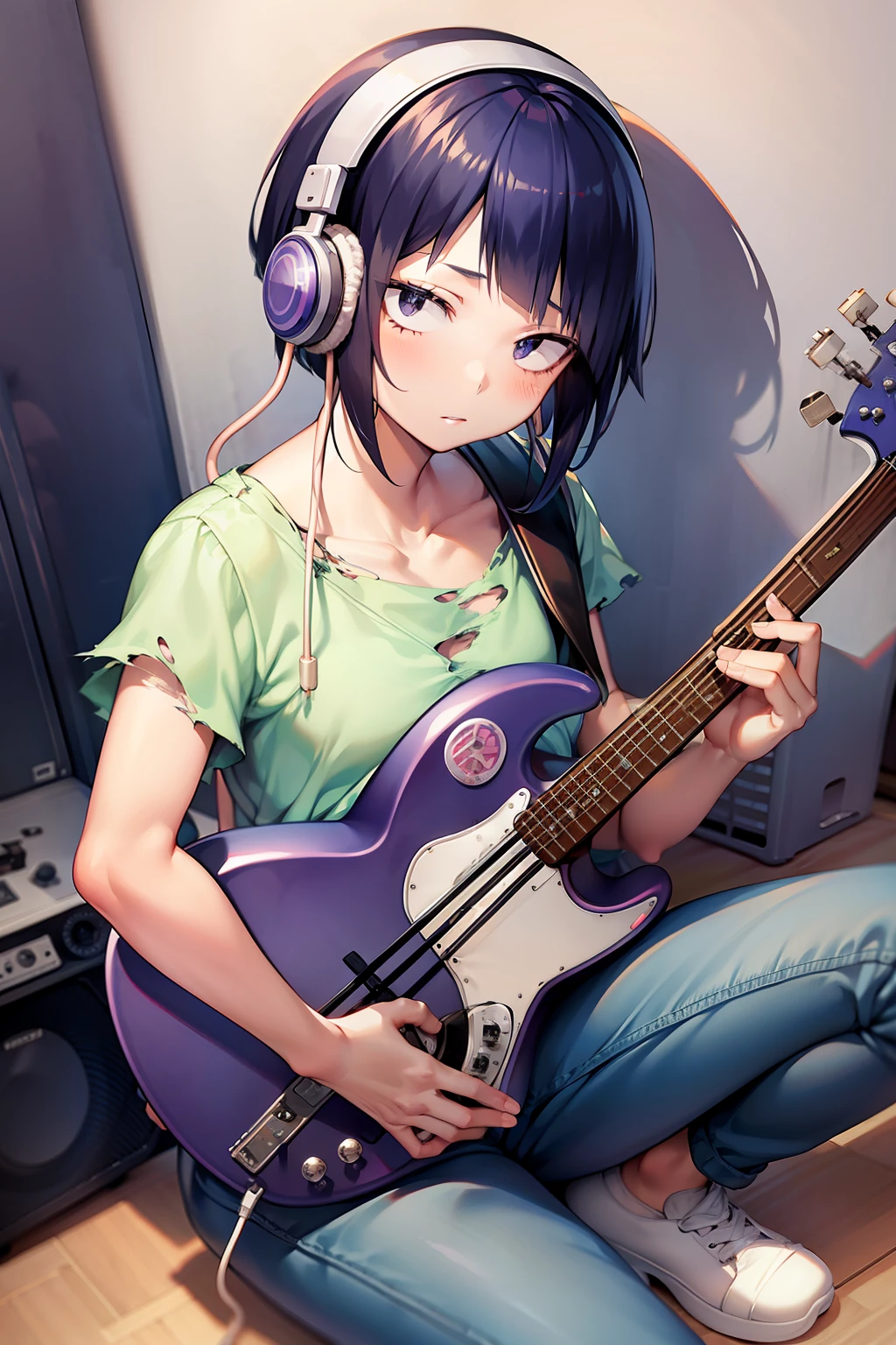 kyoka jiro, 1girl, solo, looking at viewer, blush, short hair, bangs, shirt, black hair, sitting, collarbone, short sleeves, shoes, pants, blunt bangs, star (symbol), torn clothes, headphones, white footwear, t-shirt, instrument, pink shirt, purple shirt, guitar, cable, torn shirt, electric guitar, capri pants, bass guitar, amplifier