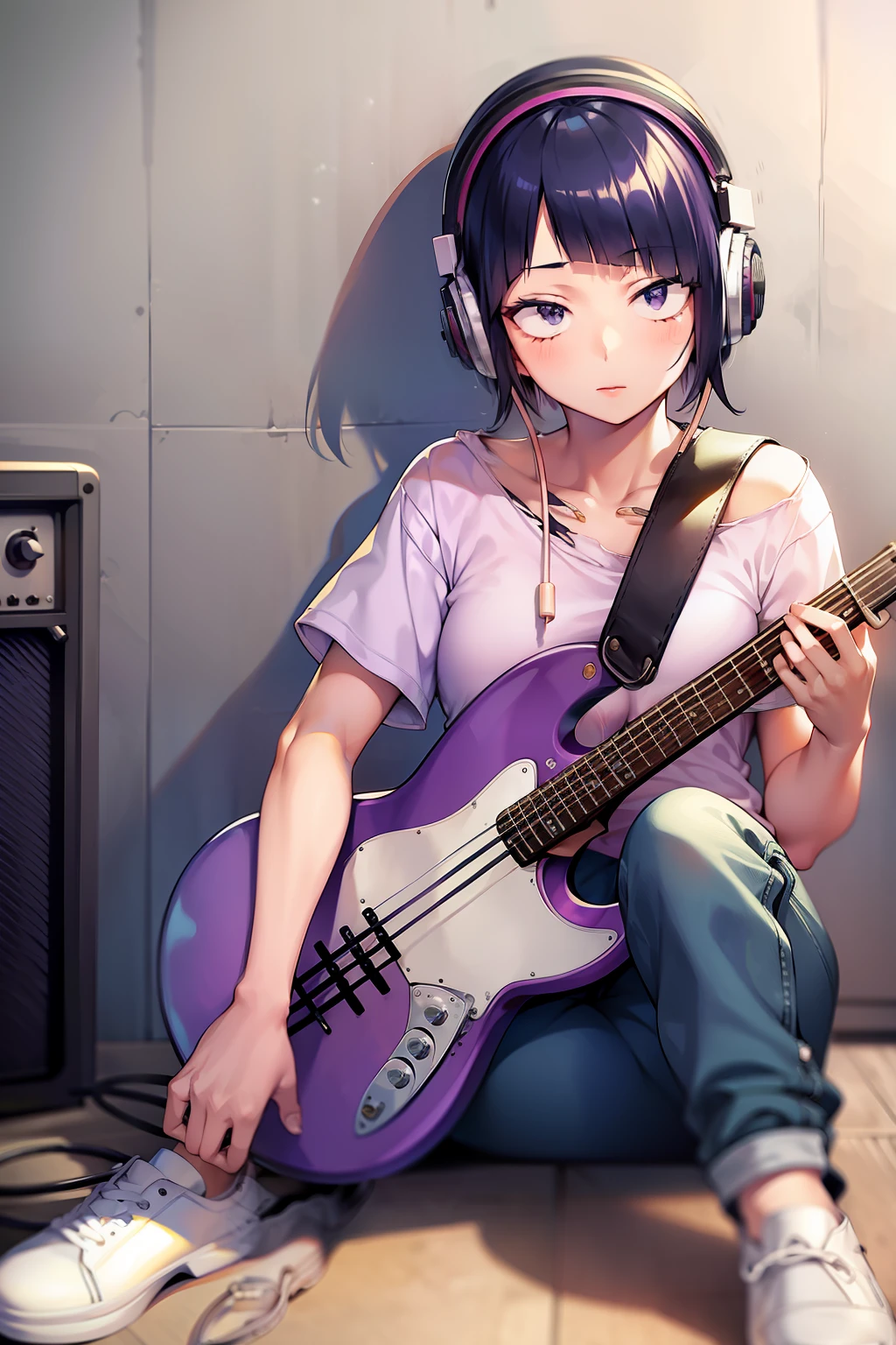 kyoka jiro, 1girl, solo, looking at viewer, blush, short hair, bangs, shirt, black hair, sitting, collarbone, short sleeves, shoes, pants, blunt bangs, star (symbol), torn clothes, headphones, white footwear, t-shirt, instrument, pink shirt, purple shirt, guitar, cable, torn shirt, electric guitar, capri pants, bass guitar, amplifier