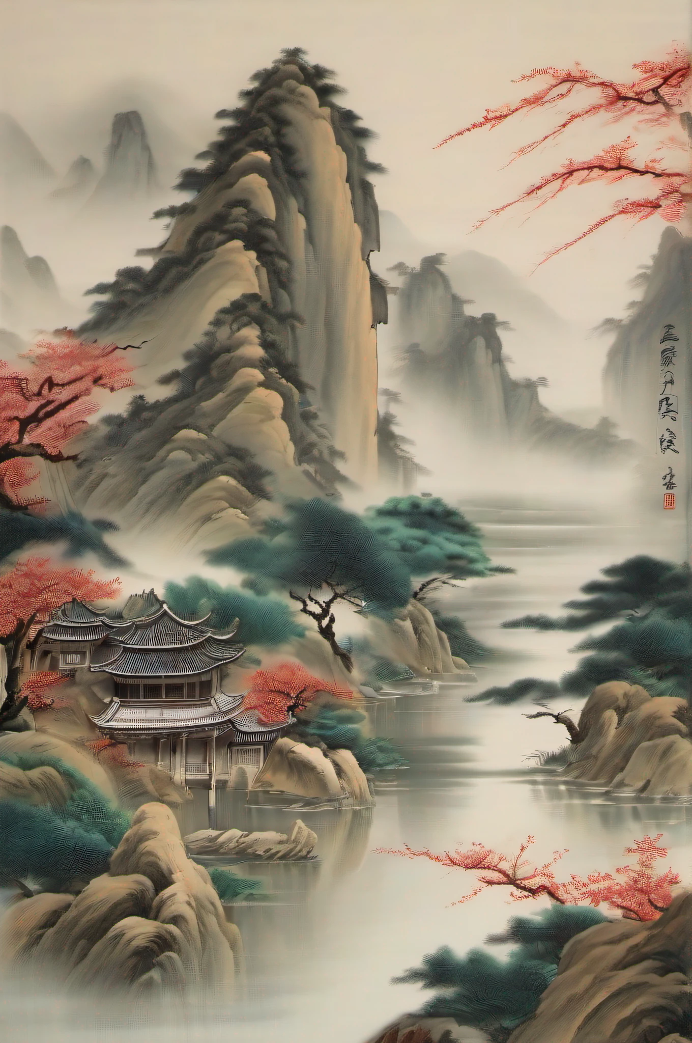 Torii，This Chinese-style mural on the wall presents a magnificent and ancient landscape landscape。The painting is based on pastel ink tones，It presents the artistic conception and mystery common in traditional Chinese painting。

In the center of the picture，Towering mountains rise between rivers。The mountains are undulating，Mountains and mountains，surrounded by cloud，It gives a sense of grandeur。Between the mountains，The clear river meanders，Walk through green fields。In the picture, the river meets the mountains，It shows the magnificent scenery and rich beauty of this land of China。

On the left side of the painting，There is a small garden in traditional style。Carefully manicured bonsai leans against a small courtyard，The stone bridge spans a small pond。The water in the pool is crystal clear，Raise a few red koi，The reflection of the weeping willow floats on the water under the bridge，It adds a touch of serenity and life。

The right side of the screen，There is a tea plantation。Tea trees thrive，leafy branches，The tea leaves that are being harvested give off bursts of fragrance。Behind the tea plantation is an ancient temple，The roof is covered with cyan glazed tiles，Buddhist culture has a long history。

Throughout the mural，It shows the beautiful fusion of traditional Chinese culture and natural landscapes。It gives the impression of an ancient Chinese philosophical concept，Longing for harmonious coexistence between nature and human beings。This mural passes through the thickening of the ink、The undulations of the landscape、Flourishing of plants，Show the unique charm of Chinese style，Give peace、Profound、The feeling of atmosphere。