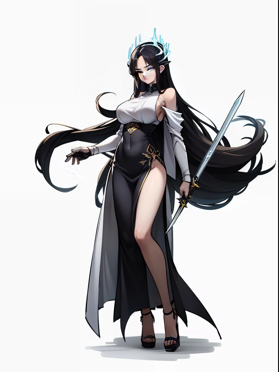 A sexy woman，Royal sister style，Have full breasts，busty figure，She has long black hair，Blue eyes，She had a small mole on her face，Full-body standing position，quadratic element，The Chinese silver robe has lightning runes on it，Holding an ancient sword