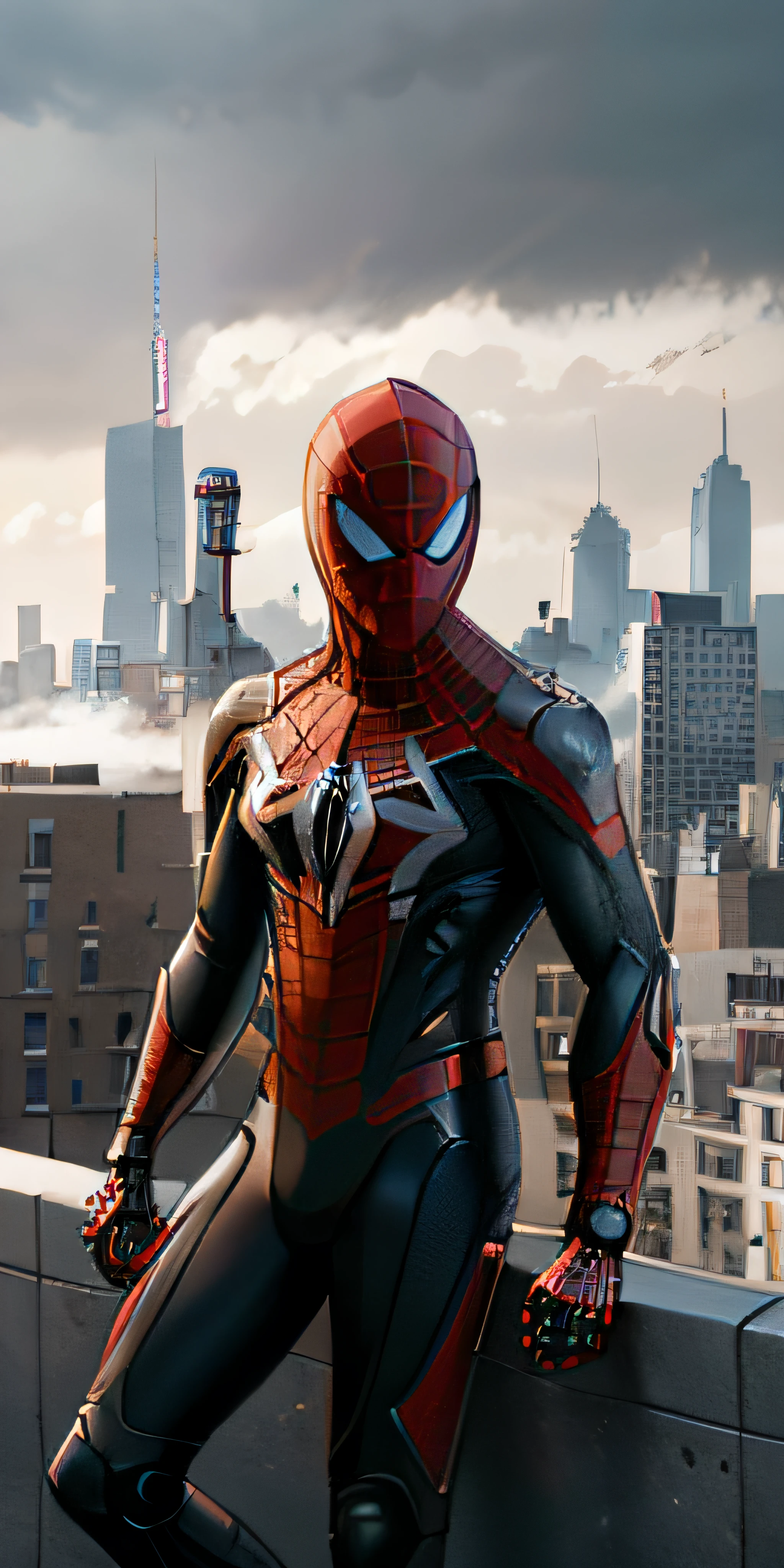 (1boy:1.3), solo, ((very detailed face)))), ((very detailed eyes and face)))), beautiful detailed eyes, body parts__, full body portrait, official art, unified 8k wallpaper, super detailed, beautiful and beautiful, beautiful, masterpiece, best quality, original, masterpiece, super fine photo, best quality, super high resolution, realistic realism, sunlight, full body portrait, amazing handsome, dynamic pose, delicate face, vibrant eyes, (from the front), wearing Spider-Man suit, red and black color scheme, spider, very detailed city roof background, rooftop, overlooking the city, detailed face, detailed complex busy background, messy, gorgeous, milky white, highly detailed skin, realistic skin details, visible pores, clear focus, volumetric fog, 8k uhd, DSLR, high quality, film grain, fair skin, photo realism, lomography, futuristic dystopian megalopolis, translucent, (Cyberpunk: 1.1), (Mechanical Joints: 1.2),